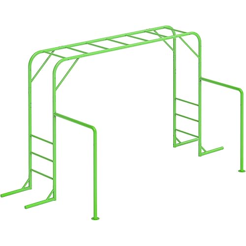 Outdoor Monkey Bar Set with Climbing Frame, Gymnastics bars, Playground Sets for Backyards, Metal Monkey Bars for Kids Age 3 and Up, Backyard Playground Set with Powder Coated Steel, Green
