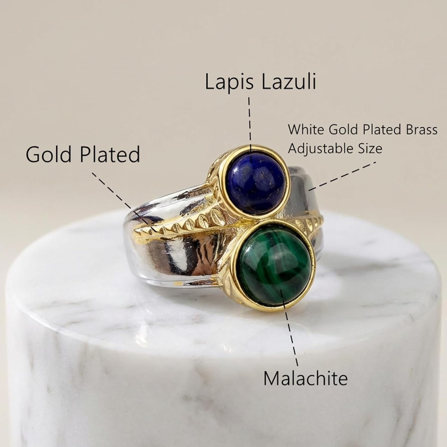 Lapis Lazuli Malachite Ring, Bohemian Natural Two Stone Rings for Women, Silver Adjustable Healing Crystal Birthstone Ring - Image 7