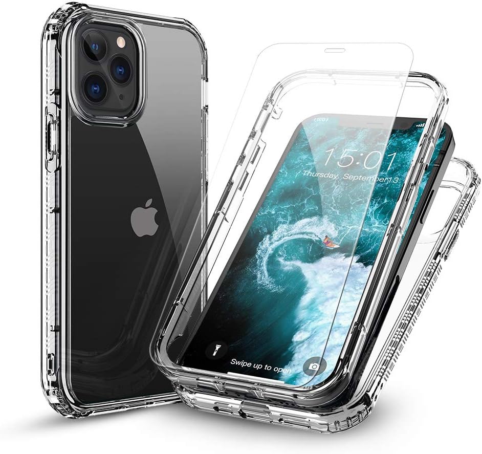 FLOVEME Compatible for iPhone 12 Pro Max Case Clear 5G, with 2 Packs Tempered Glass Compatible for iPhone 12 Pro Max Screen Protector, Shock-Absorbing Anti-Scratch NO Bubble [with Installation Frame]
