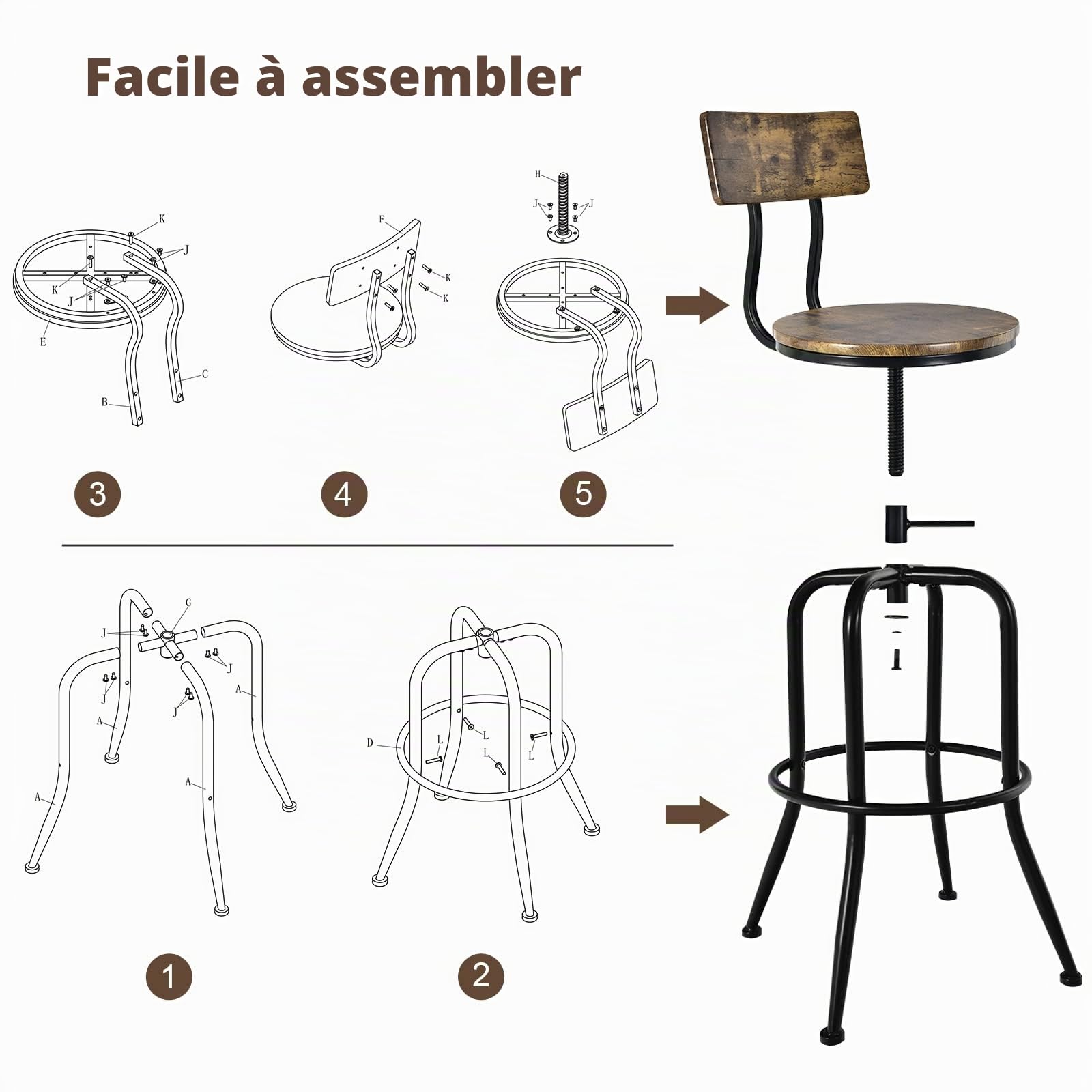 GIANTEX Lot de 2 Tabourets de Bar, Chaises de Bar Hautes Industrielles Pivotant avec Siège Réglable, Dossier et Repose-Pieds en Arc, pour Cuisine, Café, Pub, Bistrot, Marron Rustique + Noir