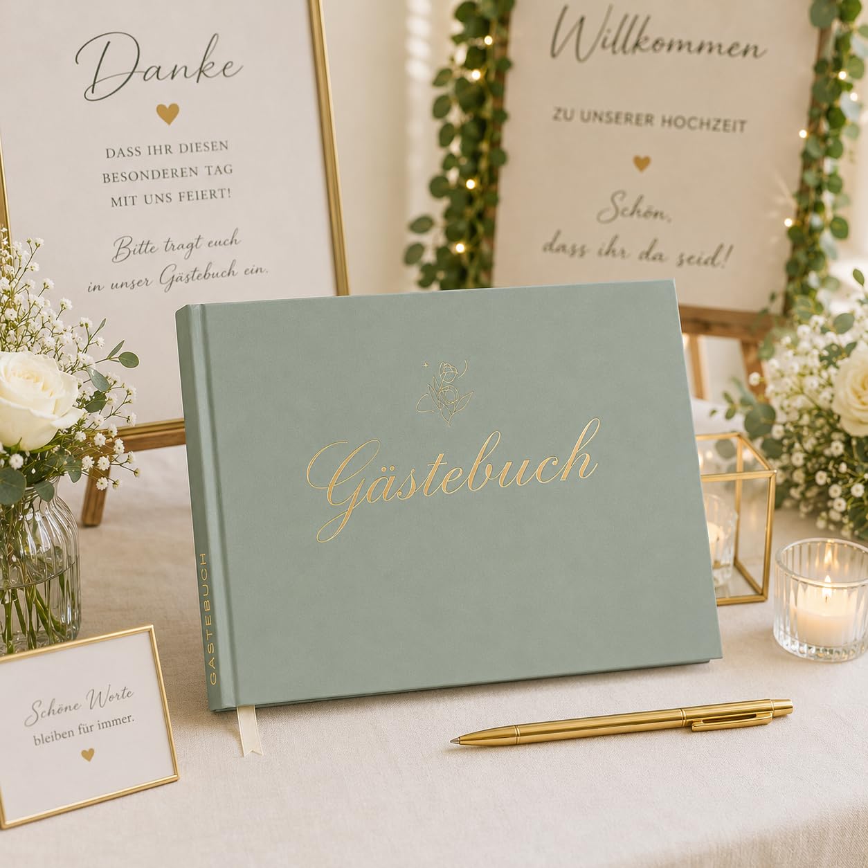 Gästebuch Hochzeit, Gästebuch für Erinnerungen, 100 Blanko Seiten, Hochwertiges Hardcover Hochzeitsbuch Gästebücher, Edle Gold Prägung, 19x24 cm Hochzeitsalbum Hochzeitsgästebuch (Grün)