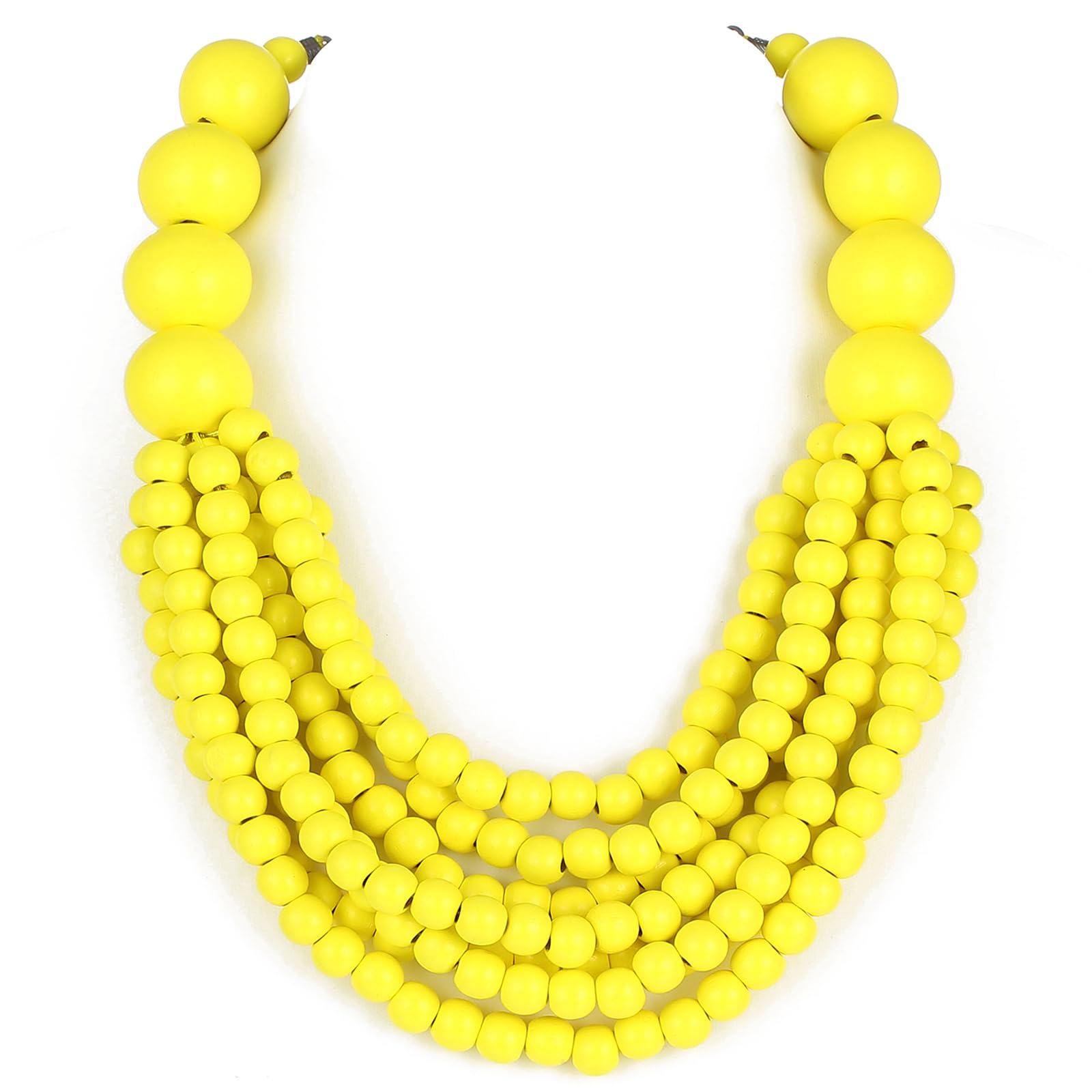 Kiszu 7 Layered Wood Beads Strand Statement Choker Necklace for Women, Africa Large and Small Round Chunky Necklace, Ethnic Colorful Bead Layered Bib Collar Necklace Hip Hop Jewelry