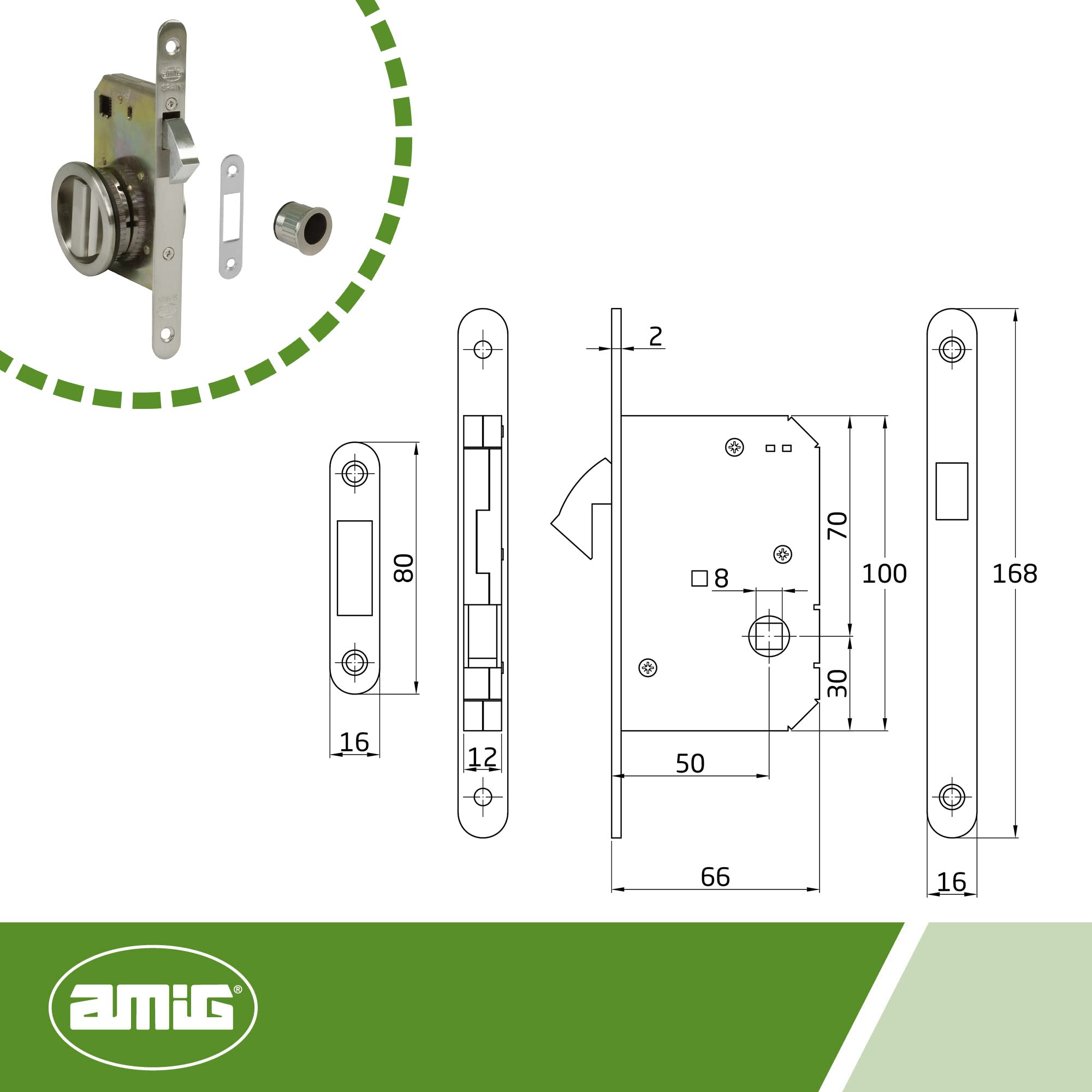 Amig - Serrure à encastrer Mod.611 avec béquille et poignée pour portes coulissantes en bois d'épaisseur 35-40 mm | Entrée : 50 mm | En acier finition chromée mate