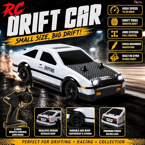 Image of VikriDA 1:24 Scale RC Drift Car - 4WD High-Speed RC Racing Car with LED Lights, 2.4GHz Controller, Rechargeable Batteries & Drifting Tires