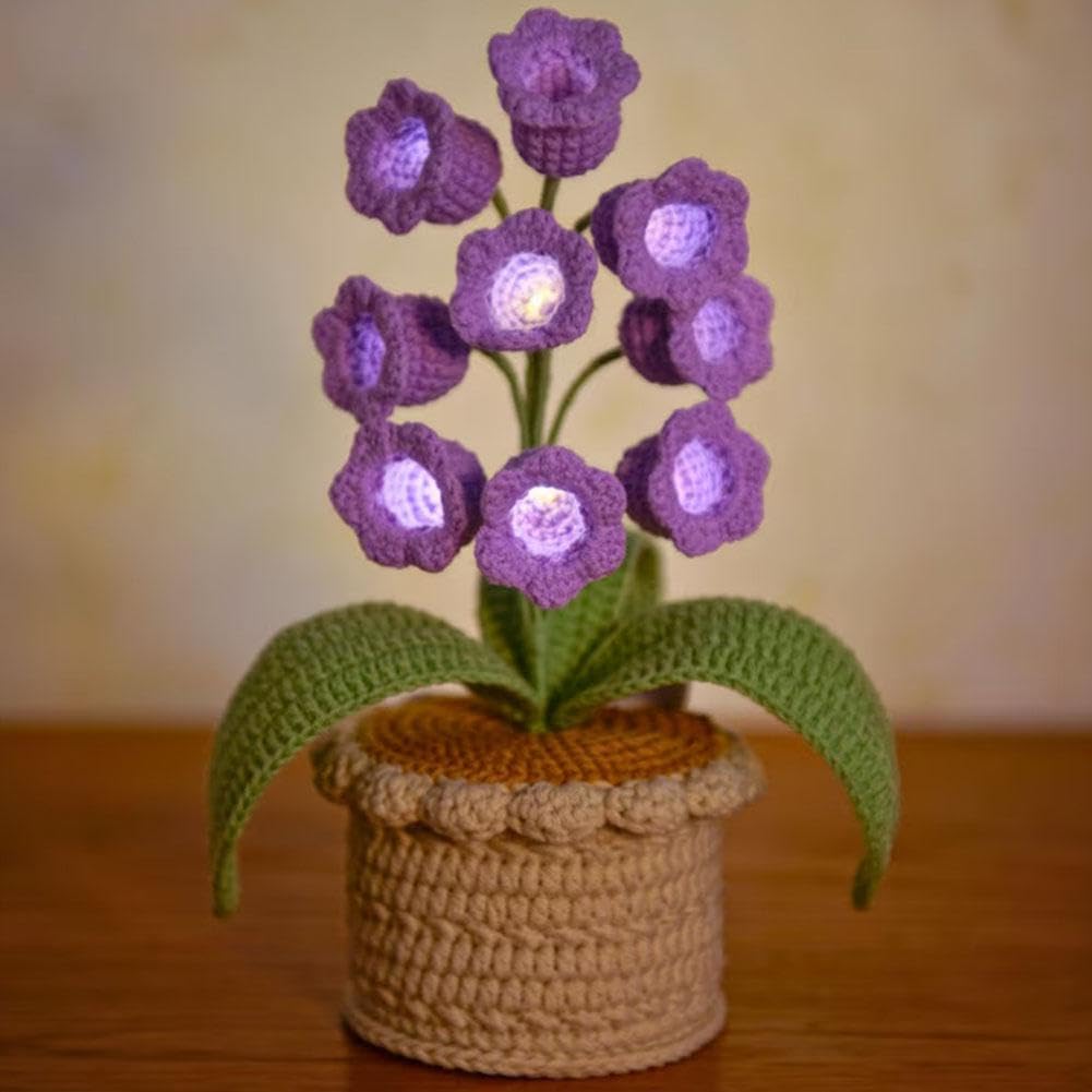Handmade Crocheted Lily of The Valley LED Lantern, Crochet Artificial Flowers with Night Lights, Cordless Table Lamp, Cute Gifts for Women Wife Girlfriend Birthday Christmas Valentine Mother's Day