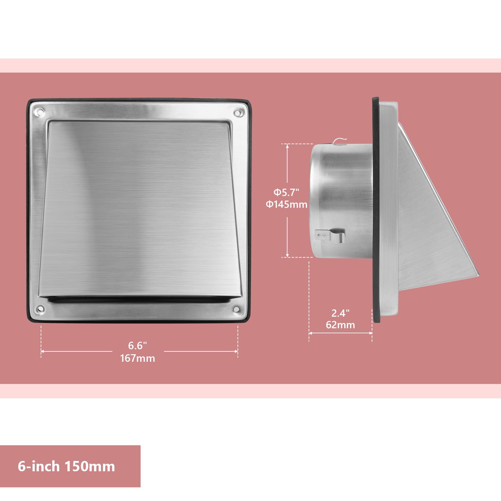 WeCooper Rejilla Exterior de Pared 150 mm (6”) de Acero Inoxidable 304 con Campana, Malla Antipájaros y Cubierta Extraíble, Salida de Aire para Extractor, Baño, Cocina y Secadora