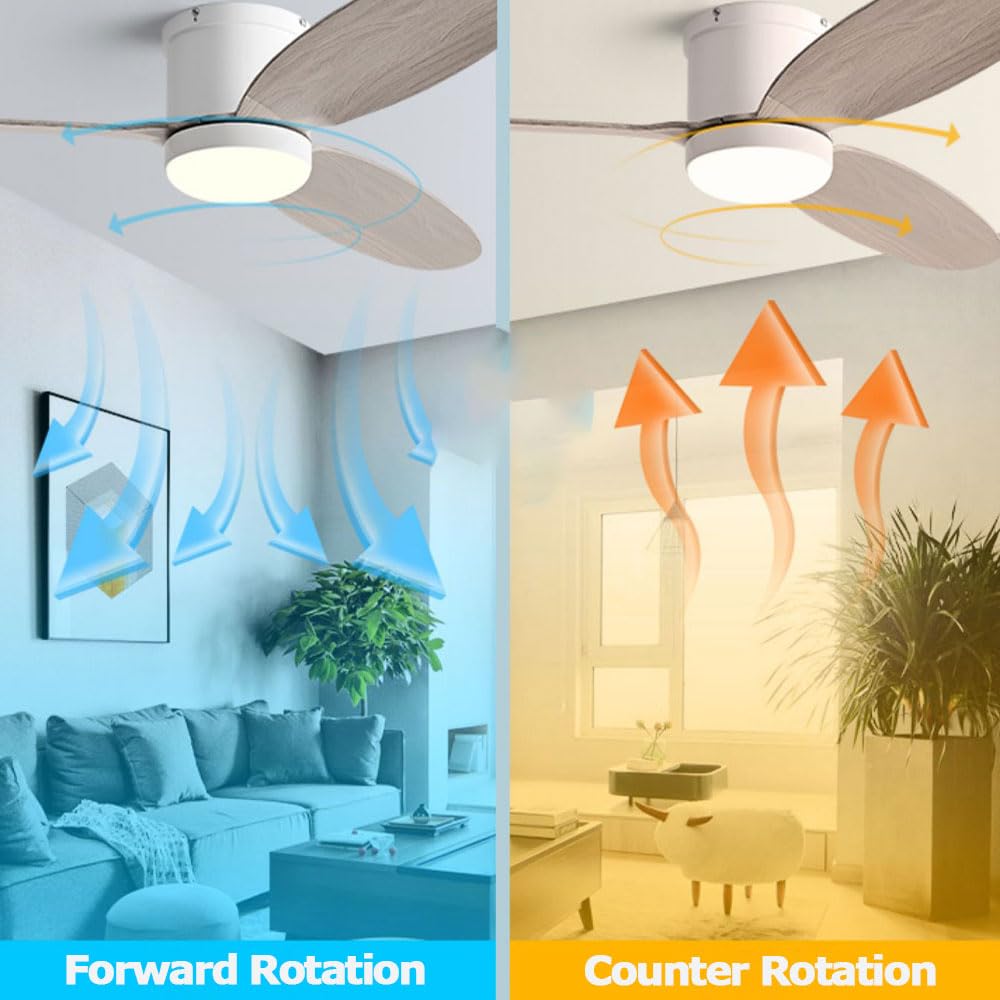 Ventilador de Techo de Madera de imitación de 42 "Ventilador de Techo con Control Remoto Inteligente de Perfil bajo Ventiladores de Techo para Exteriores Regulables