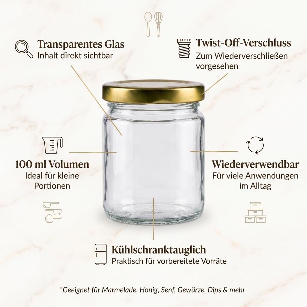 gouveo Zestaw 24 słoików na przetwory 100 ml, okrągłe, z zakręcanymi pokrywkami, w kolorze złotym – małe słoiki na zapasy z nakrętką – słoiki zakręcane do gotowania i przechowywania