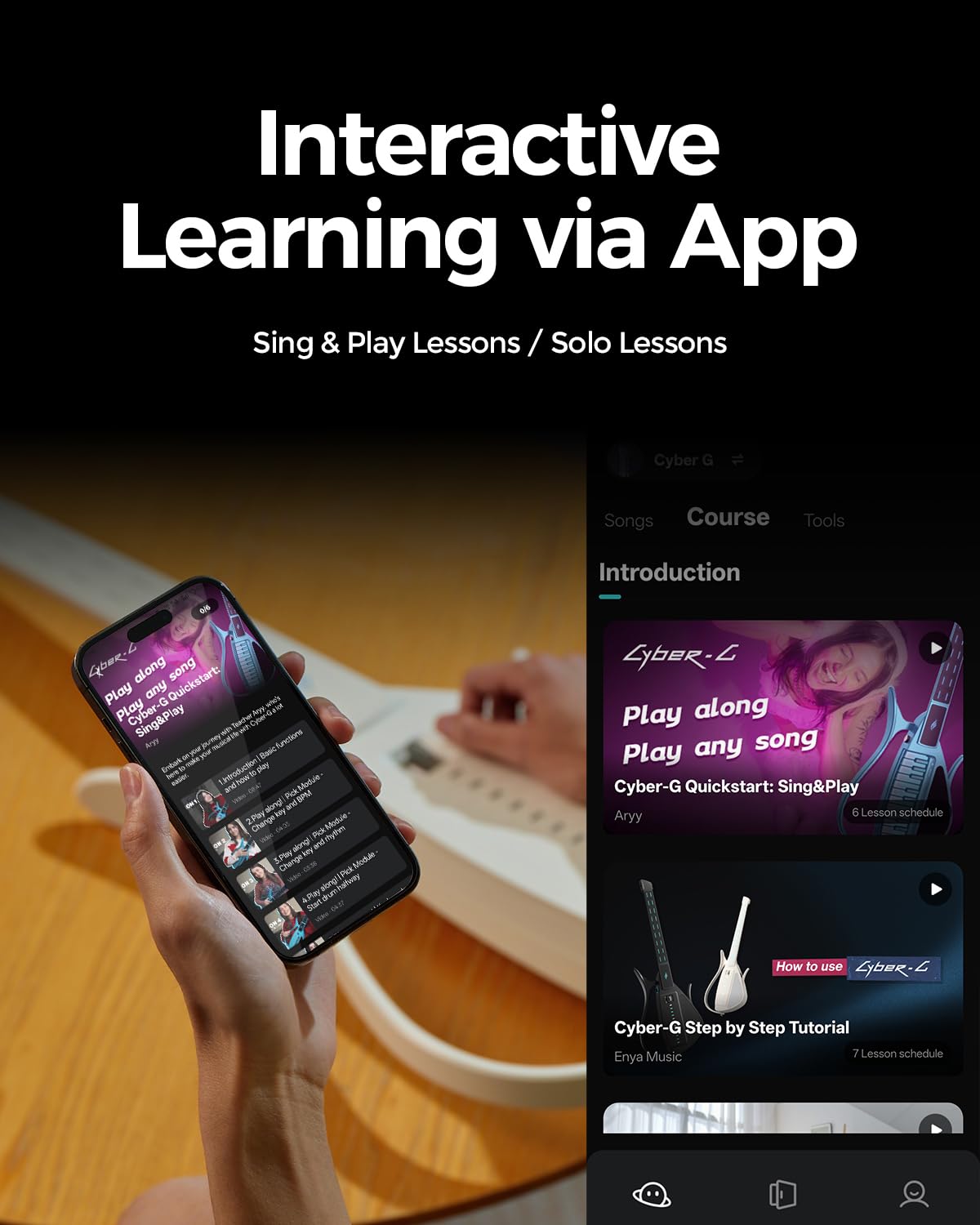 Enya CYBER-G Chitarra Smart senza Corde – Innovativa Silent & E-Guitar con Tasti LED, Drum & Bass, Centinaia di Preset, App per Accordi Interattivi per Imparare, Esercitarsi & Performance – Nero