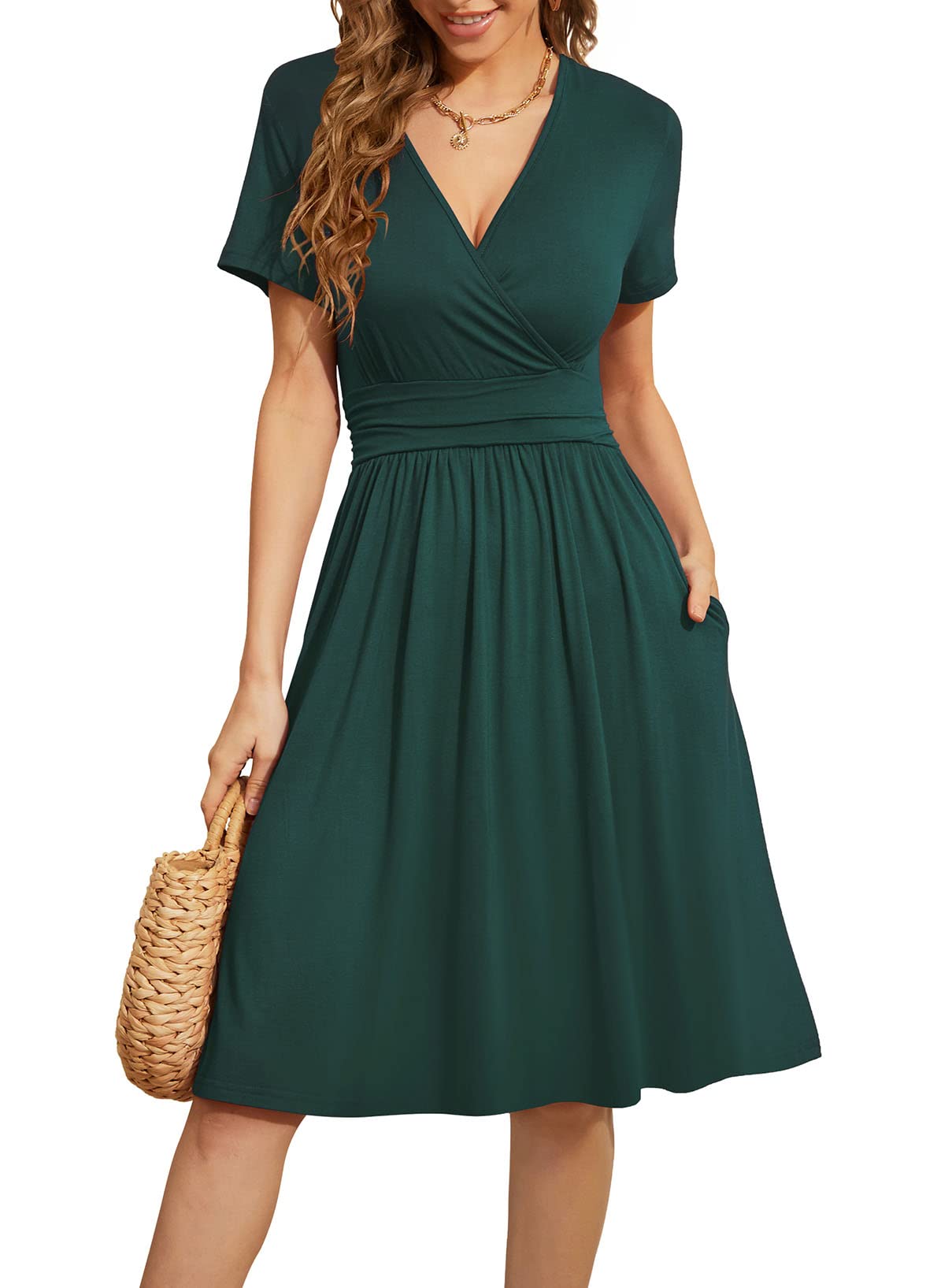 WEACZZY Women's Summer Short Sleeve Casual Dresses V-Neck Floral Party Dress with Pockets
