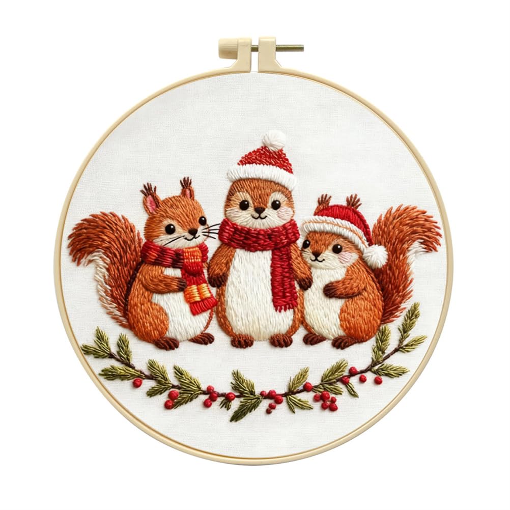 Meecaa Embroidery Kit Starter Set, Squirrel Animal Hand Embroidery Set, Pattern Printed Cross Stitch Set for Beginner Adults, with Embroidery Hoop and Instructions (Squirrel)