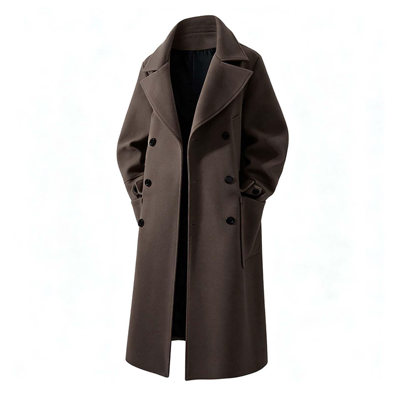Trenchcoat Herren Lang Klassisch Wollmantel mit Taschen Elegant Wintermantel Zweireihig Revers Business Casual Trench Coat Mäntel Übergangsmantel Einfarbig Herbstmantel