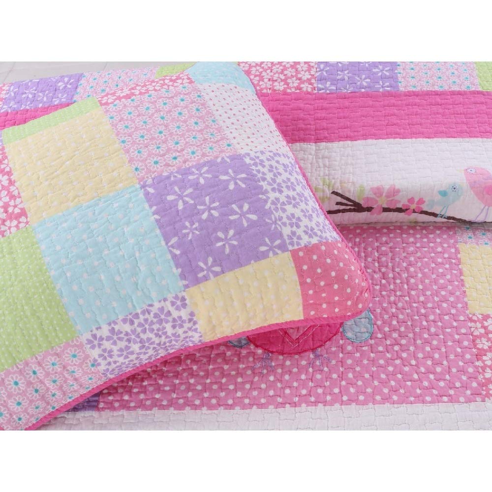 HNU 2 Pieces Owl Quilt Set Twin, Pink Kids Bedding Embroidered Animal Floral Print Birds Colorful Beautiful Bright Lovely Cute Pretty Whimsical Soft Cozy Comfy Cotton