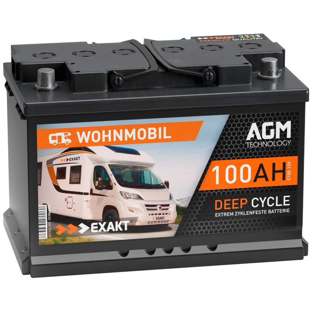 EXAKT Batteria AGM 100Ah 12V batteria per Camper Caravan Sistemi Off-Grid Pannelli Solari Barca resistente ai cicli Sigillata Senza Manutenzione