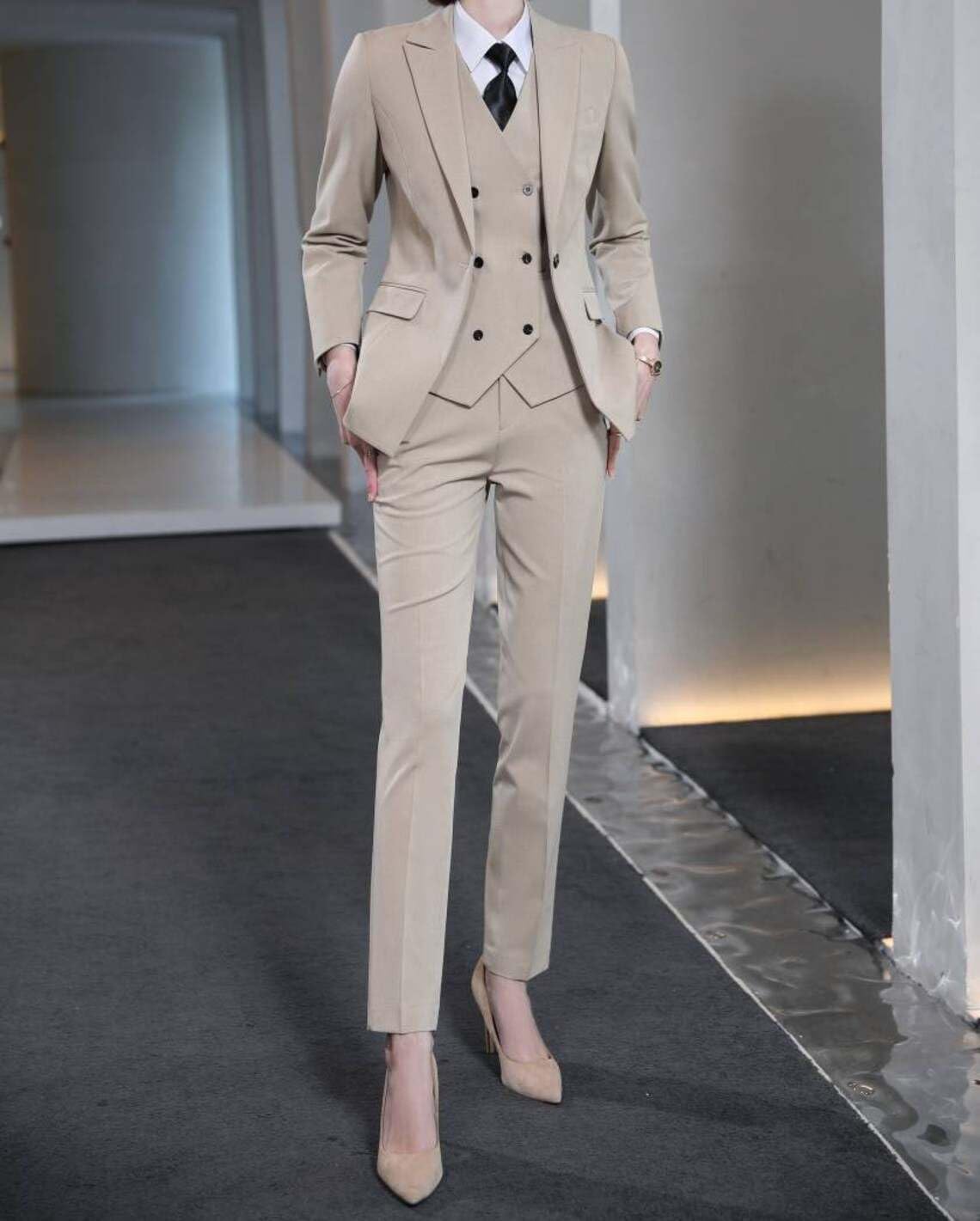 Damen 3-Teiliger Anzug Business Casual Outfits mit einem Knopf Elegante Jackenhose Zweireihiges Weste-Set