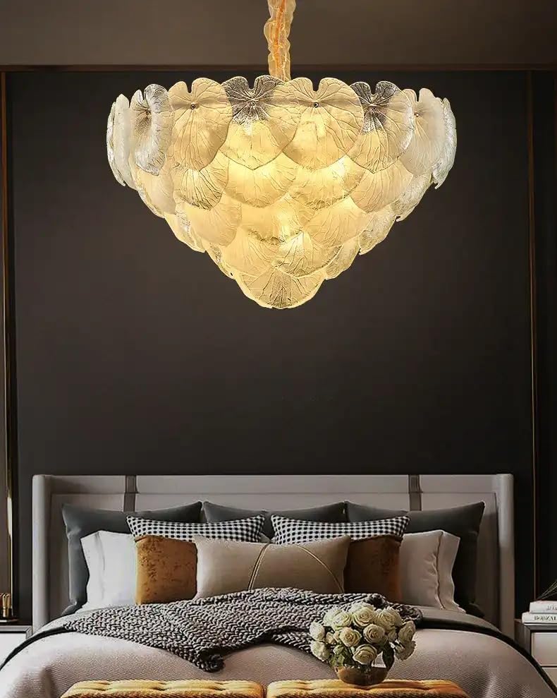 Image of Luxury Leaf Glass Chandelier for Bedroom & Living Room | Elegant Golden Ceiling Hanging Light for Dining Area, Hall & Home Interiors | Designer Chandelier for Modern Decor
