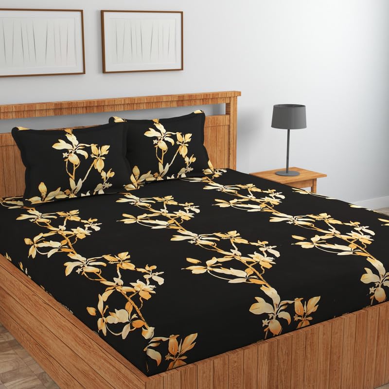 Premium Cotton Flat Double Bedsheets with 2 King Size Pillow Covers | Double Bed Breathable | Wrinklefree | Ultrasoft 220 tc Supersoft Floral | 90×90 Inches, Coffee