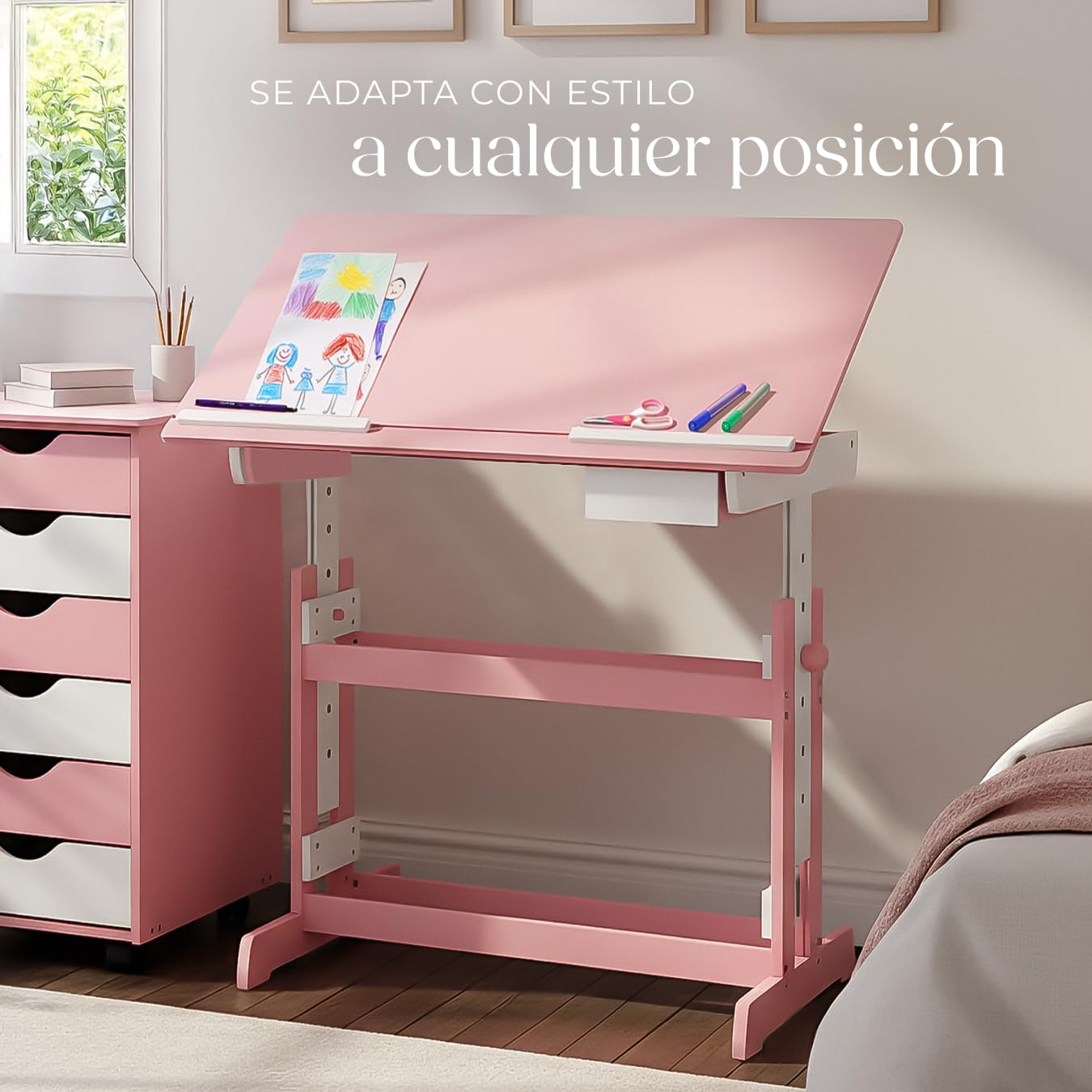 tectake® Escritorio Madera, Escritorio Elevable en 7 Posiciones, Tablero Inclinable, Cajón, Bordes Redondeados, Mesa Escritorio, Mesa de Estudio, Escritorio Infantil, Mesa Infantil - Rosa