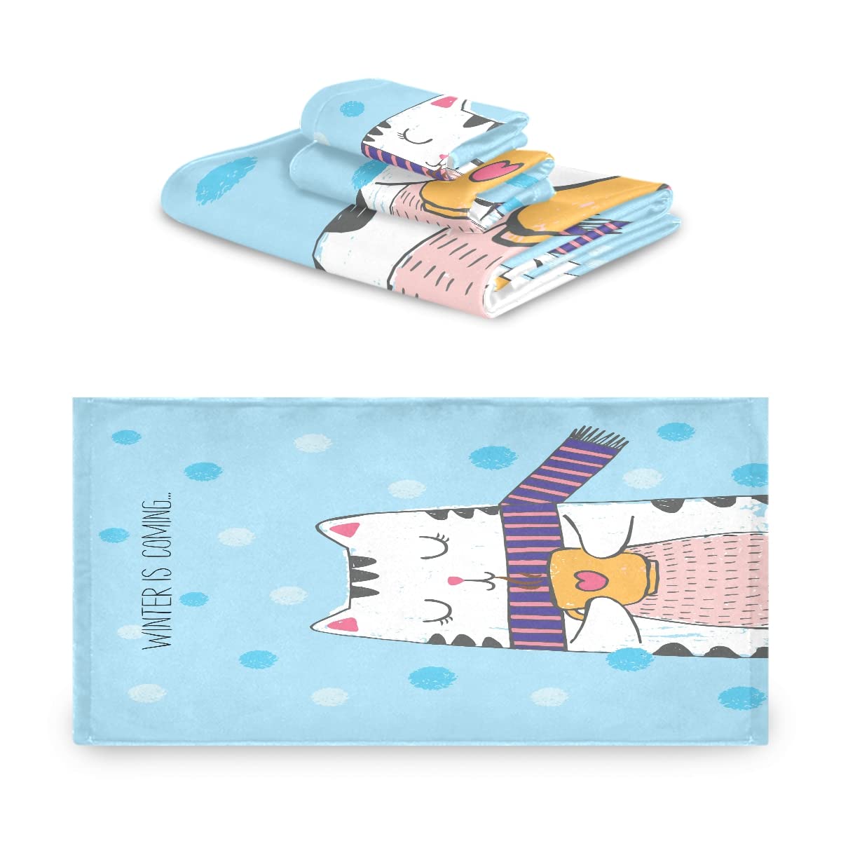 Corazón Azul Gato Lindo Animal Juego de Toallas para Baño Playa 100% Algodón de Piscina Toalla (1 Toalla de Baño y 1 Toalla de Mano y 1 Paño de Lavado) para Nadar Hotel Niñas Niños Niños