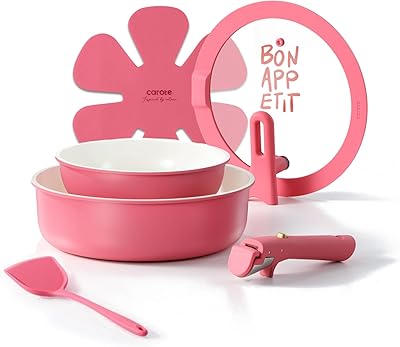 CAROTE Ceramic Pots and Pans Set Non Stick, Nonstick Kitchen Cookware Sets with Lid, Detachable Handle Sauté Pan Set, Non Toxic Frying Pan, Oven Safe, Induction Ready, Pink