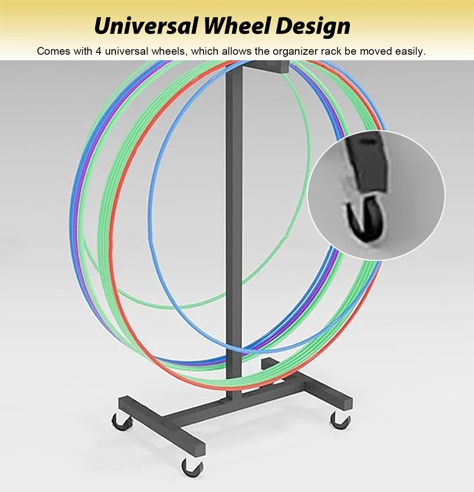 Carrello portatile a cerchio per attrezzatura sportiva, contenitore mobile per hula hoop e corde per saltare