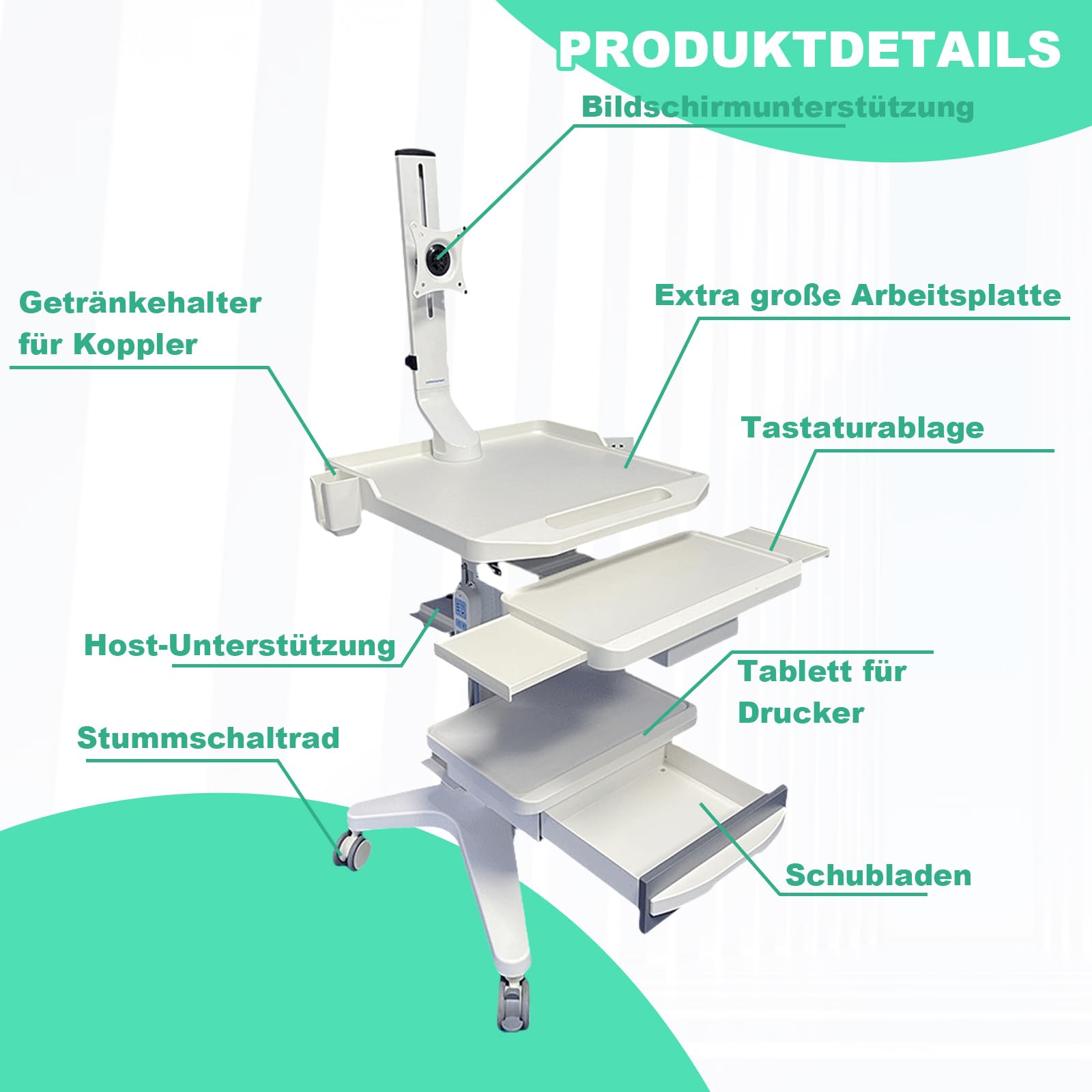 Wózek medyczny do szpitali, klinik stomatologicznych, laboratoriów i salonów kosmetycznych - blat z tworzywa sztucznego ABS, rama ze stopu aluminium, 3 ciche kółka, uchwyt na monitor