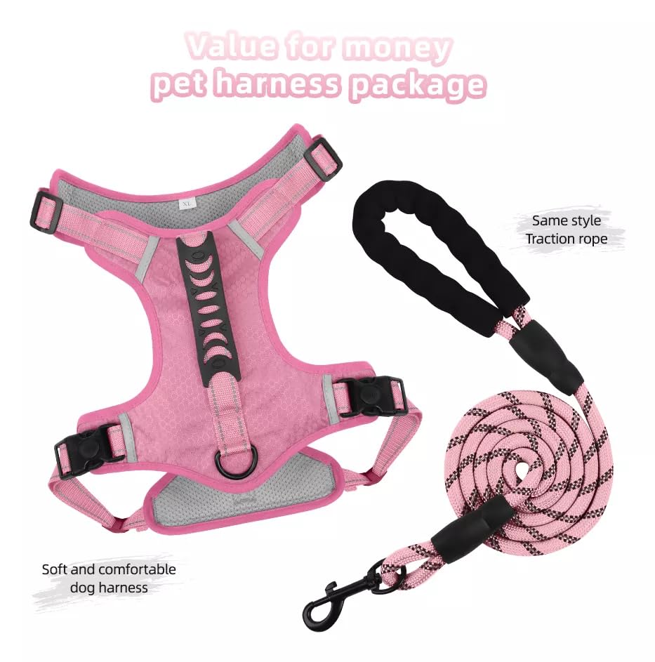 Dog Harness No Pull Adjustable Reflective,for Medium and Large Small Dog with Leash 59.06in (Pink, XL) - image 4