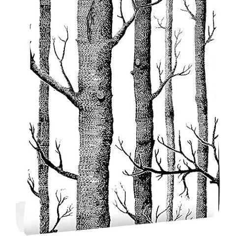 Ohmywor Self Adhesive Wallpaper Birch Tree Wallpaper Peel and Stick Black and White Vinyl Film Roll for Bedroom 45x600CM Cover