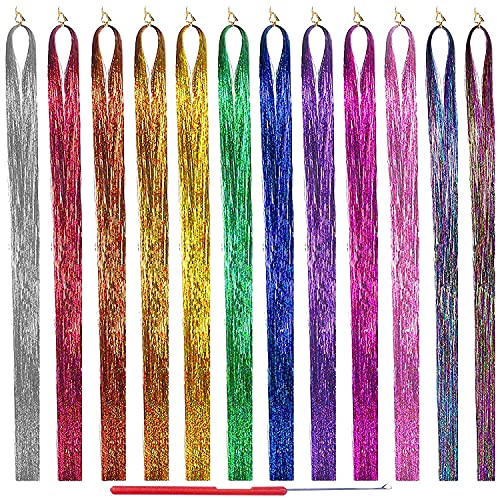 Ifaeveus Hair tinsel Tinsel hair extensions 12 Colors Glitter hair extensions Hair tinsel strands Hair Tinsel kit Hair Tinsel Synthetic for Girls Gifts Party Hair Women 47 Inches (2000 Strands)