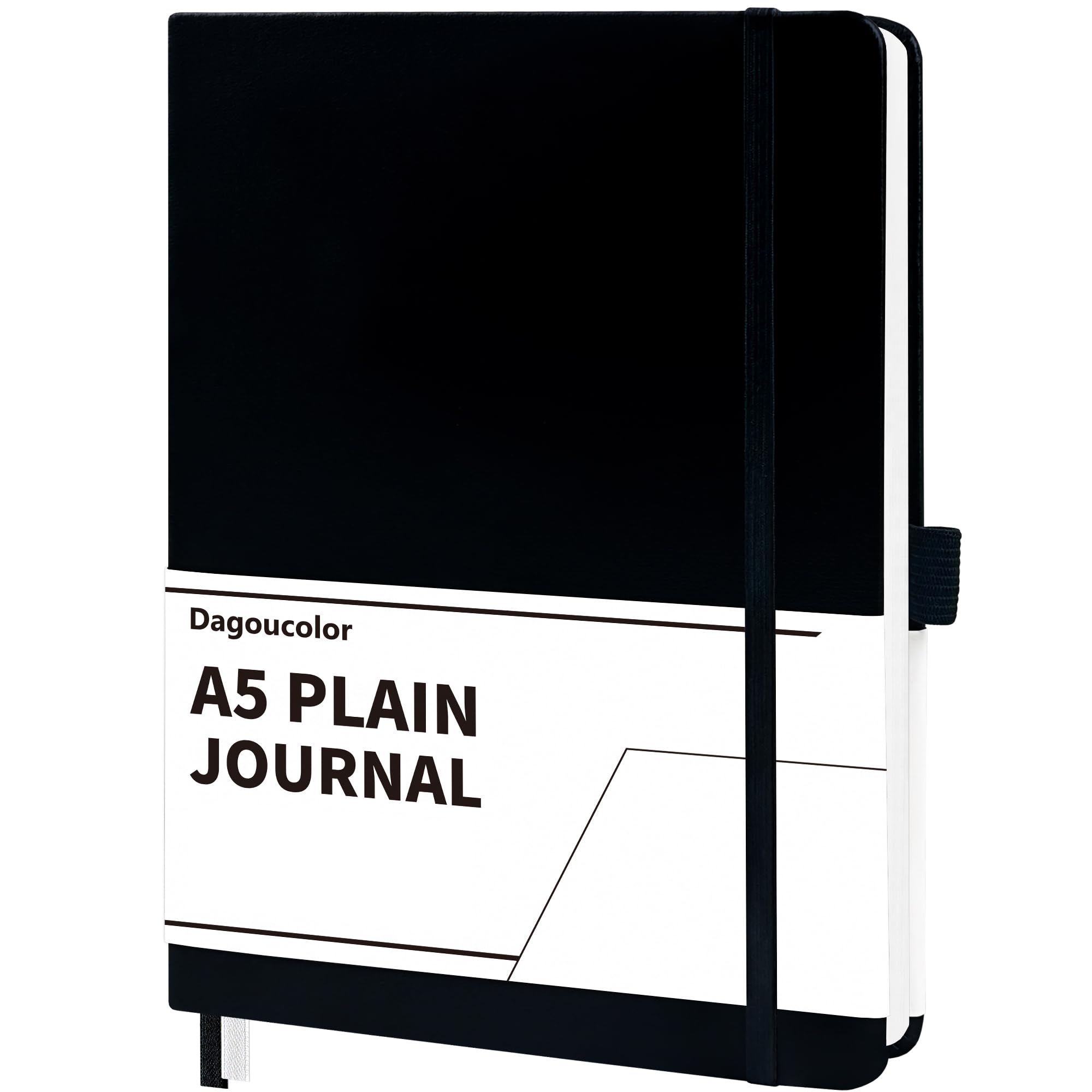 DagouColor Notebook, A5, 90 Sheet, Hardcover Vegan PU Leather Journal Book, 120GSM Premium Notepad for Office School Home Business Writing & Note Taking, Pocket, Elastic Band Closure - Black, Plain