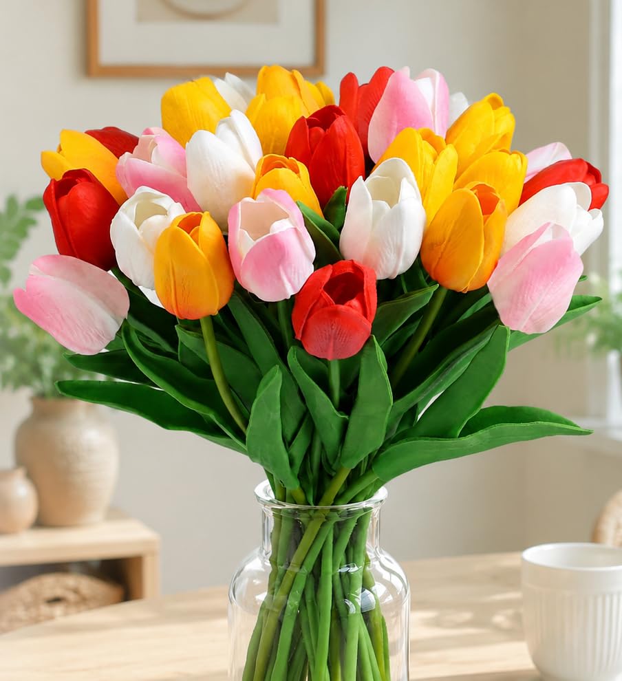 Sahoottie Artificial Tulips 5 Colors Fake Tulips Flower Tulip Artificial Flower Indoor Real Touch for Bridal Bouquet Wedding Desk Garden Birthday Party Decoration Gifts15Pcs No Vase