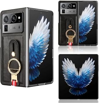 Compatible with Tecno Phantom V Fold 2 Case Cover,PU Retro Cell Phone case with Wrist Strap Compatible with Tecno Phantom V Fold 2 5G Case Black