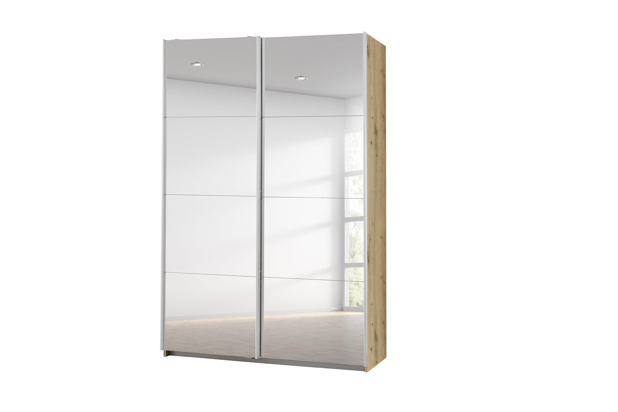 Rauch Möbel Caracas, Kleiderschrank mit Schwebetüren für Schlafzimmer, Kinderzimmer, Flur 2-türig, mit Spiegel, Zubehör Premium, inkl. Soft-Close-Funktion, Farbe Eiche Artisan, Holz, Breite 136 cm
