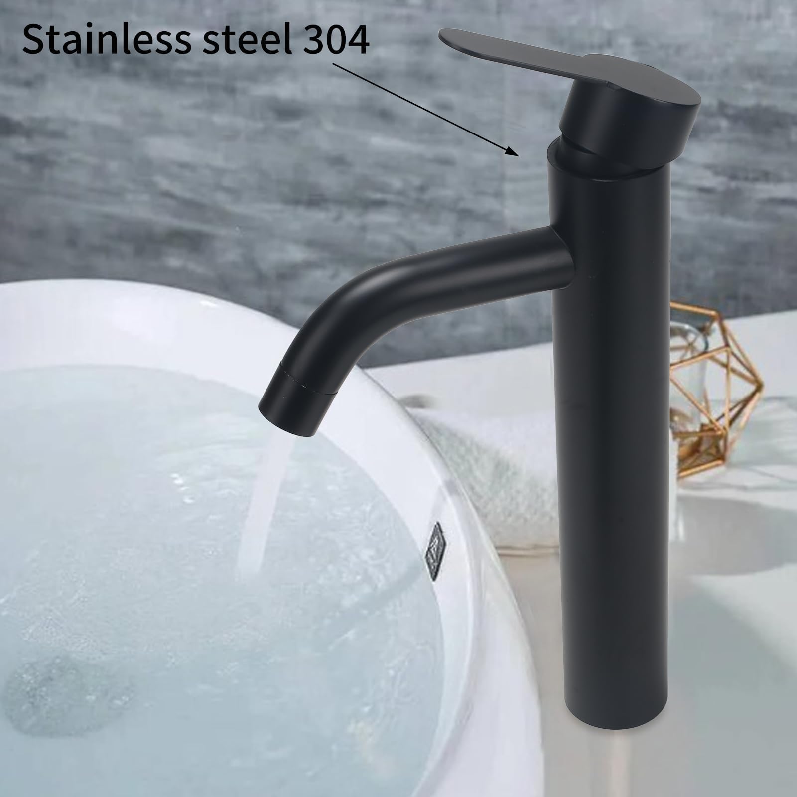 Grifo de Lavabo Alto Negro de Acero Inoxidable Cromo Monomando Baño Control de Agua Fría Y Caliente