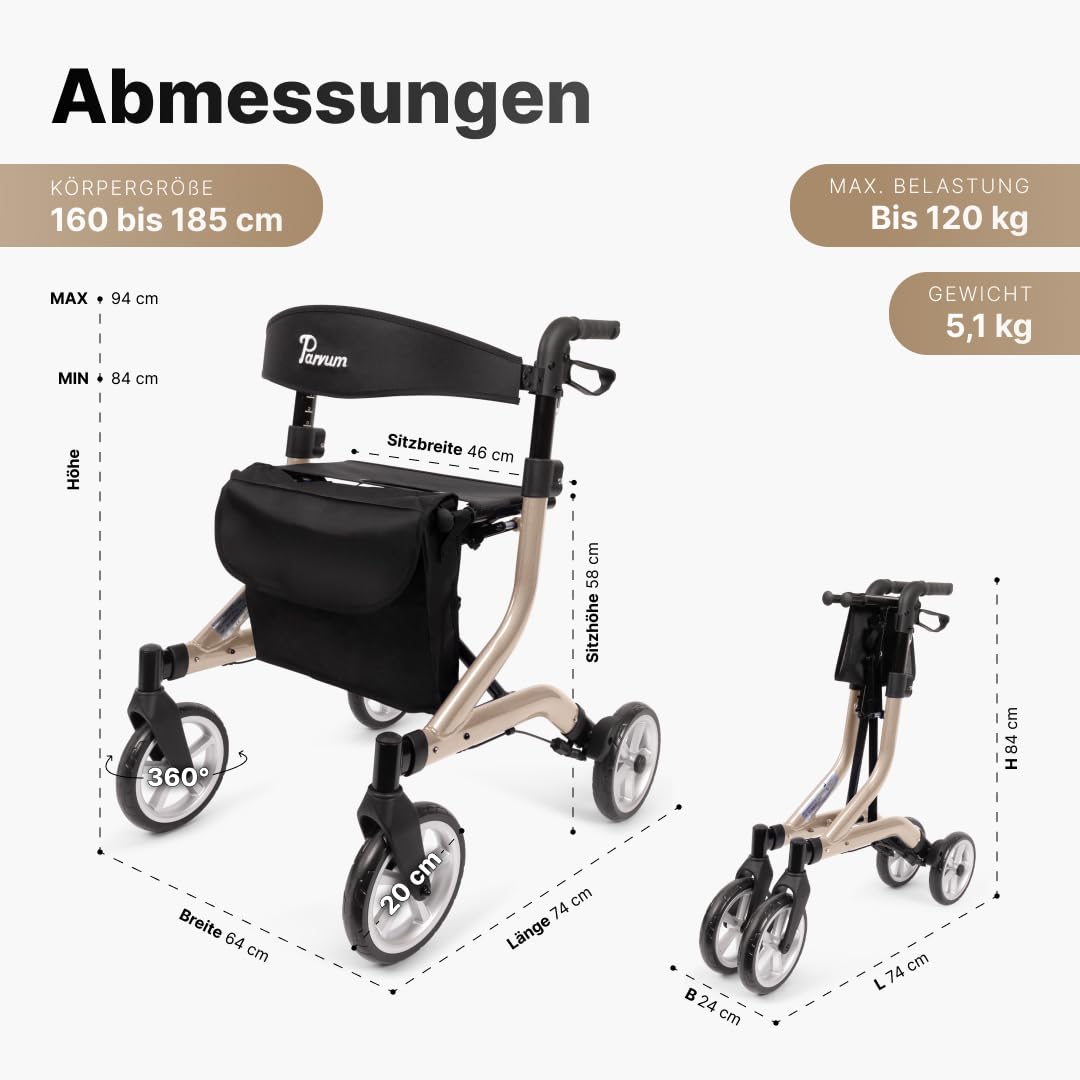 SuperLight Rollator – ultraleicht (5,1 kg), aus Aluminium, faltbar, (74 × 64 cm), mit Sitz & Rückenlehne, versteckten Bremskabeln – ideal für Alltag & Reise - Gehhilfe für Senioren - Champagner