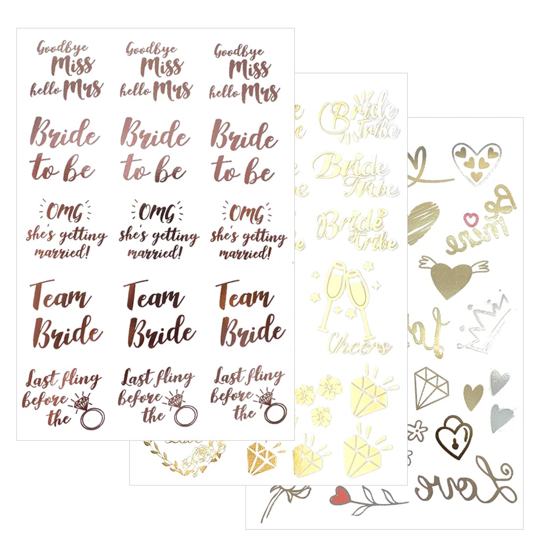 60 Piezas Tatuajes Temporales Novia Despedida de Soltera Gadgets Equipo Novia Decoraciones Fiestas de Boda Bridal Shower 3 Hojas Plata y Oro Rosa