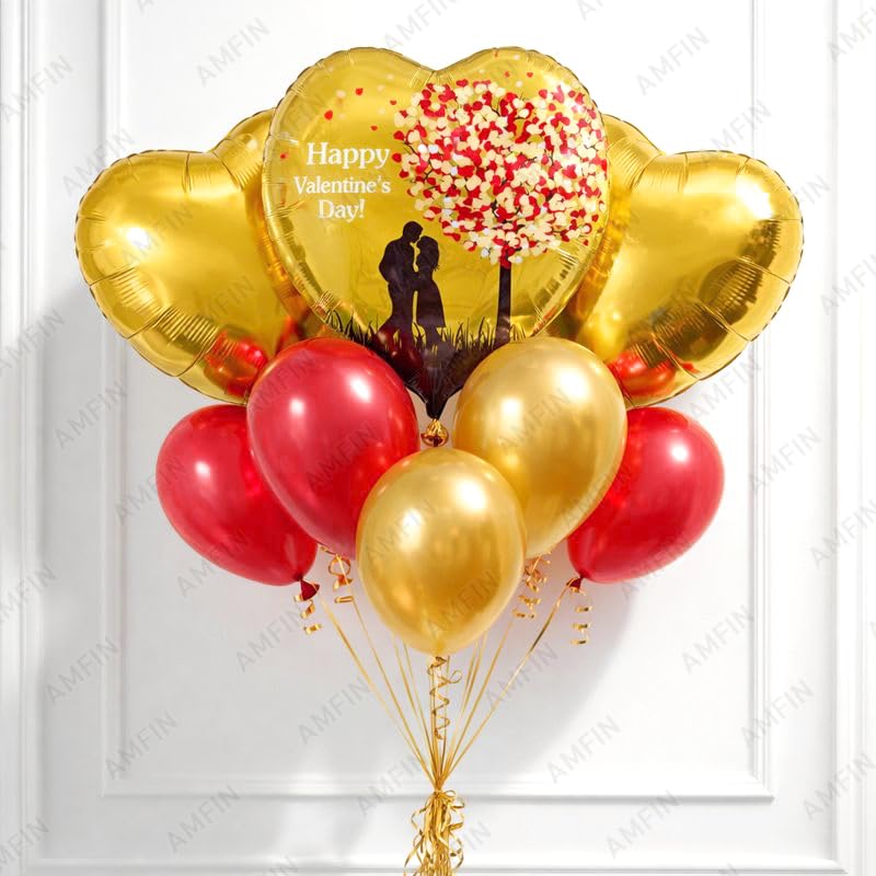 Image of AMFIN (Pack of 9) Happy Valentine's Day Balloon Decoration Set | Romantic Heart Foil Bouquet Metallic Helium Bunch Proposal Anniversary Celebration Party Decor - Red Black