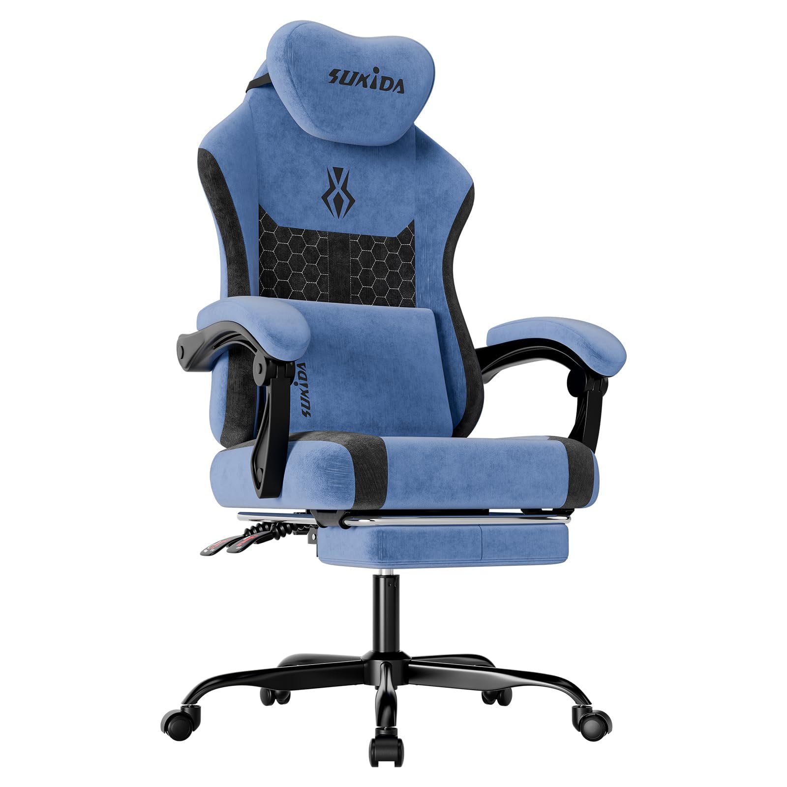 SUKIDA Fabric Video Gaming Chair, Ergonomic High-Back Computer Game Chairs with Large Massage Adjustable Lumbar Support, Headrest and Linked Armrests for Long Hours Sitting Task Chair, Black Blue