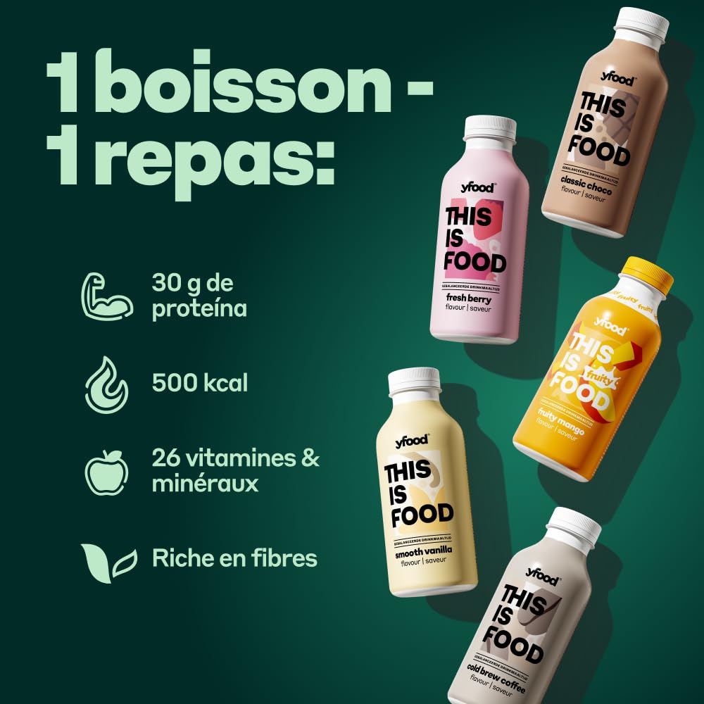 yfood Classic Choco & Creamy Coconut, repas prêt à boire, THIS IS FOOD, substitut de repas, 30 g de protéines, 26 vitamines et minéraux (12 x 500 ml)