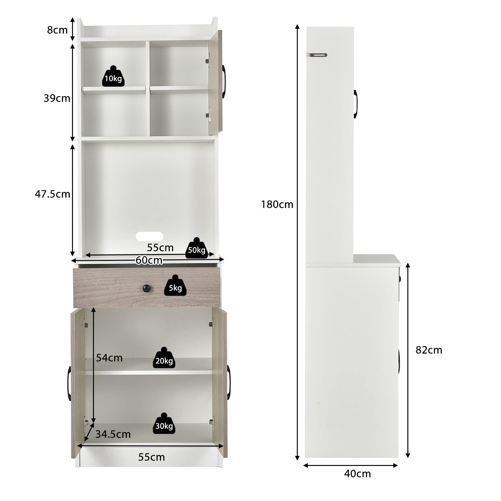 KOMFOTTEU Credenza Alta da Cucina 180 cm, Mobile Cucina Dispensa con Fori Cavi, Mobile Buffet con Ripiano Regolabile, 3 Ante e Cassetto, per Soggiorno, Sala da Pranzo, Bagno, 60 x 40 x 180 cm (Bianco)