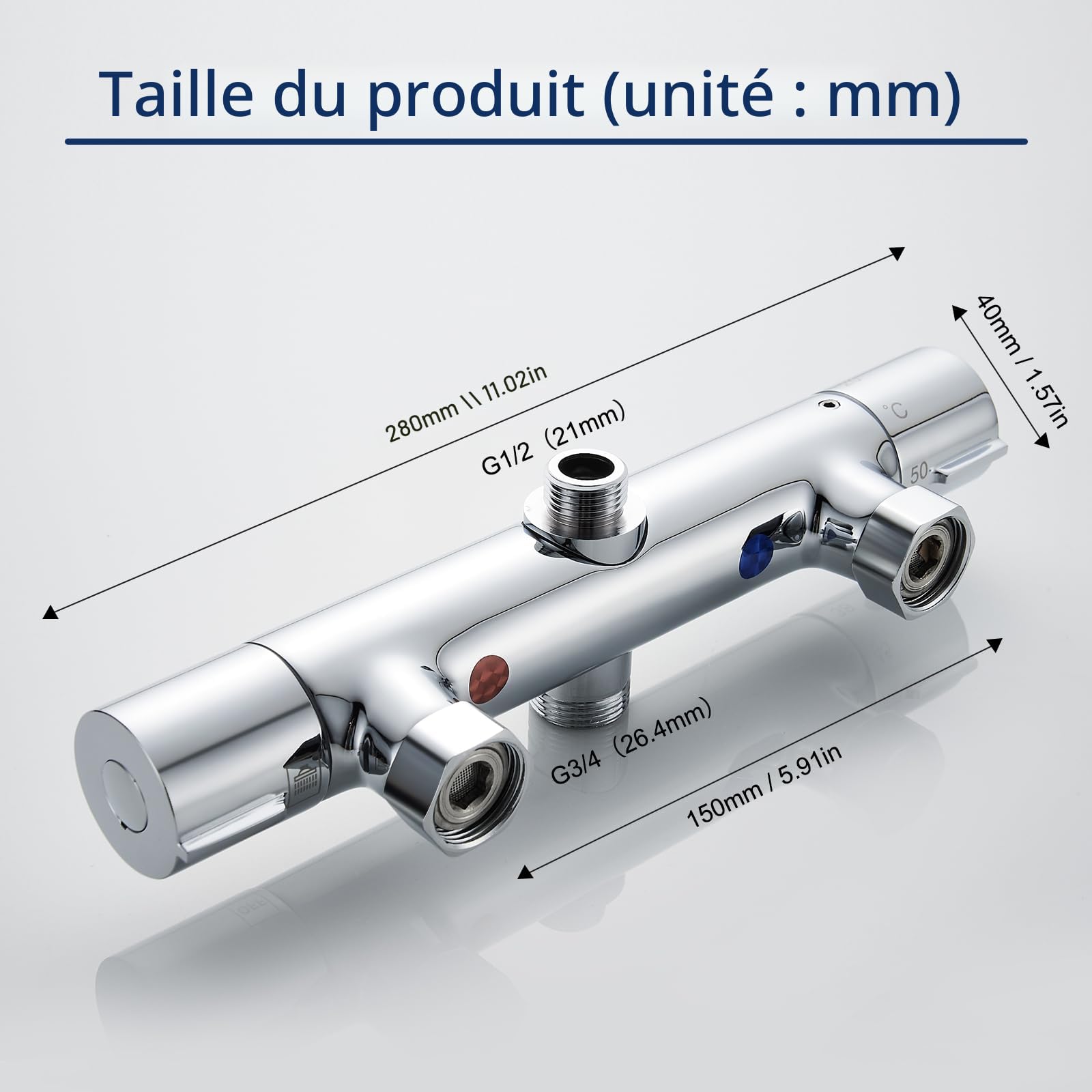 Mitigeur Douche Thermostatique 2 Sorties Robinet Douche Mitigeur Thermostatique Pour Douche & Colonne, Haut 3/4" BSP (26.4mm)+Bas 1/2"BSP (21mm), Robinet Thermostatique de Douche en Laiton, Chromé