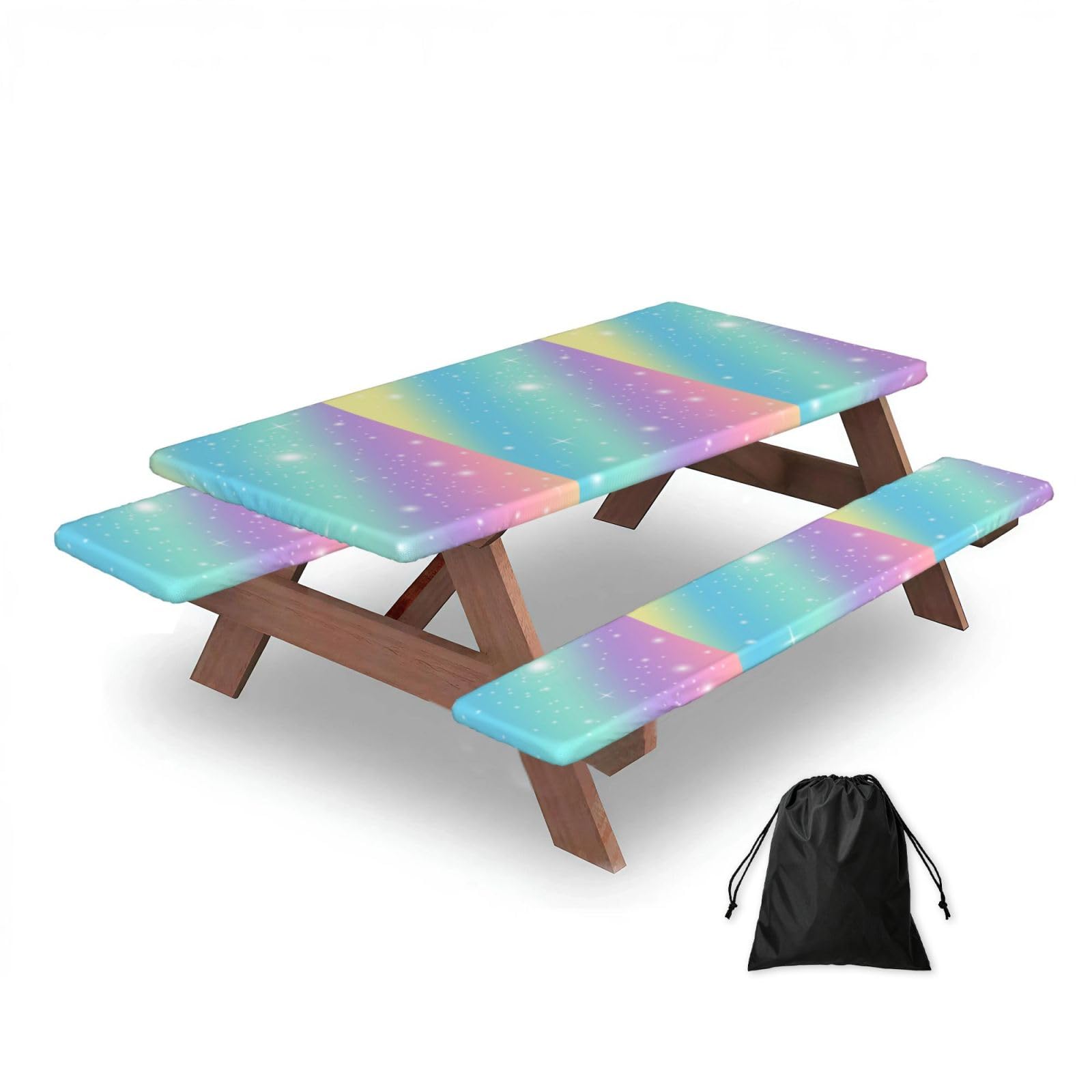 Dopklna As Picture Rainbow Pastel, Picnic Table Cover With Bench Covers -Waterproof Elastic Fitted Tablecloth For Garden Camping Patio 76X152cm