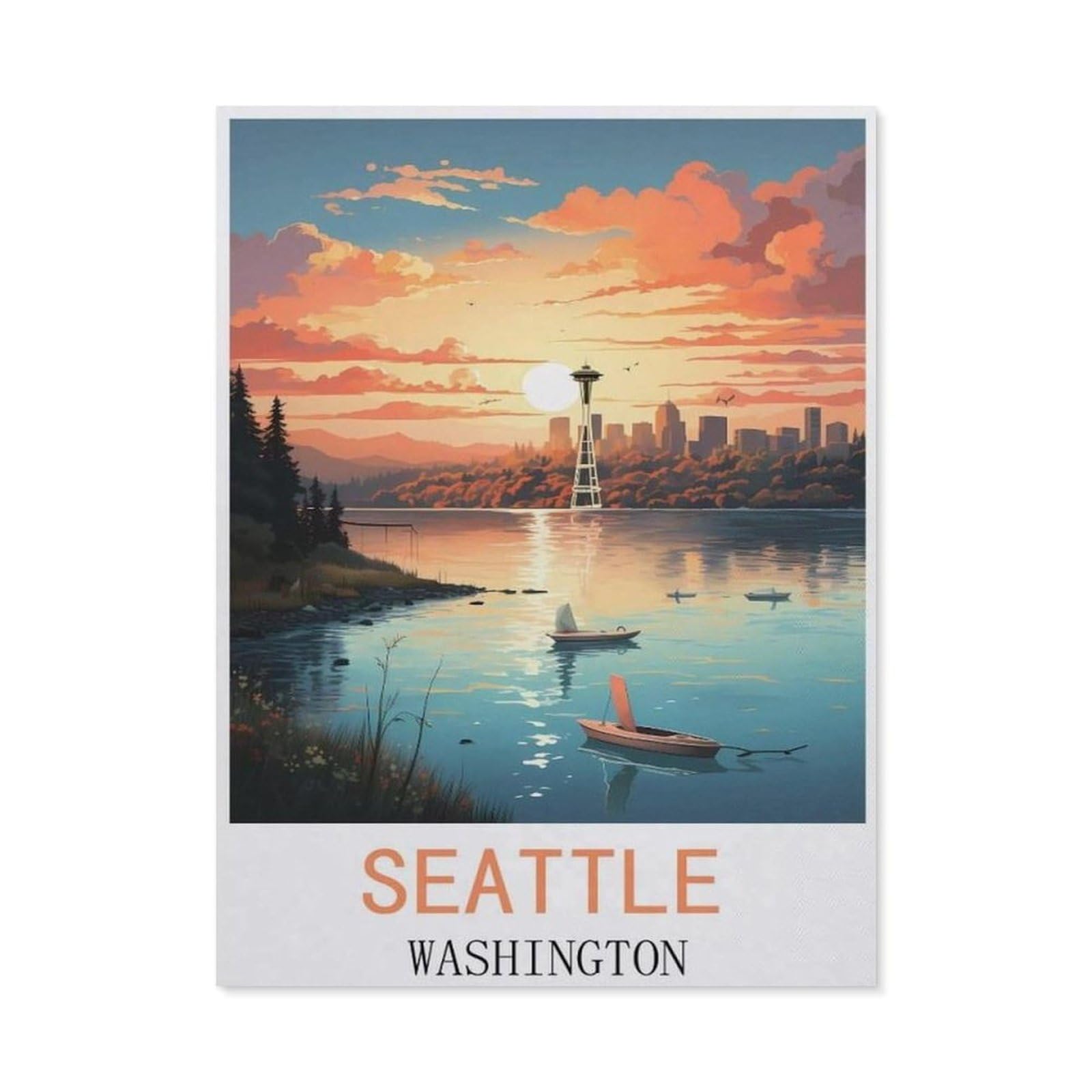 BEAYODKP Seattle Washington Vintage Travel Posters，Diamond Painting Kits for Adults - 5D Diamond Painting Kit Full Drill, Diamond Art Kits for Home Wall Decor（40 x 50 cm/15.74 x 19.68 inches）-CP34