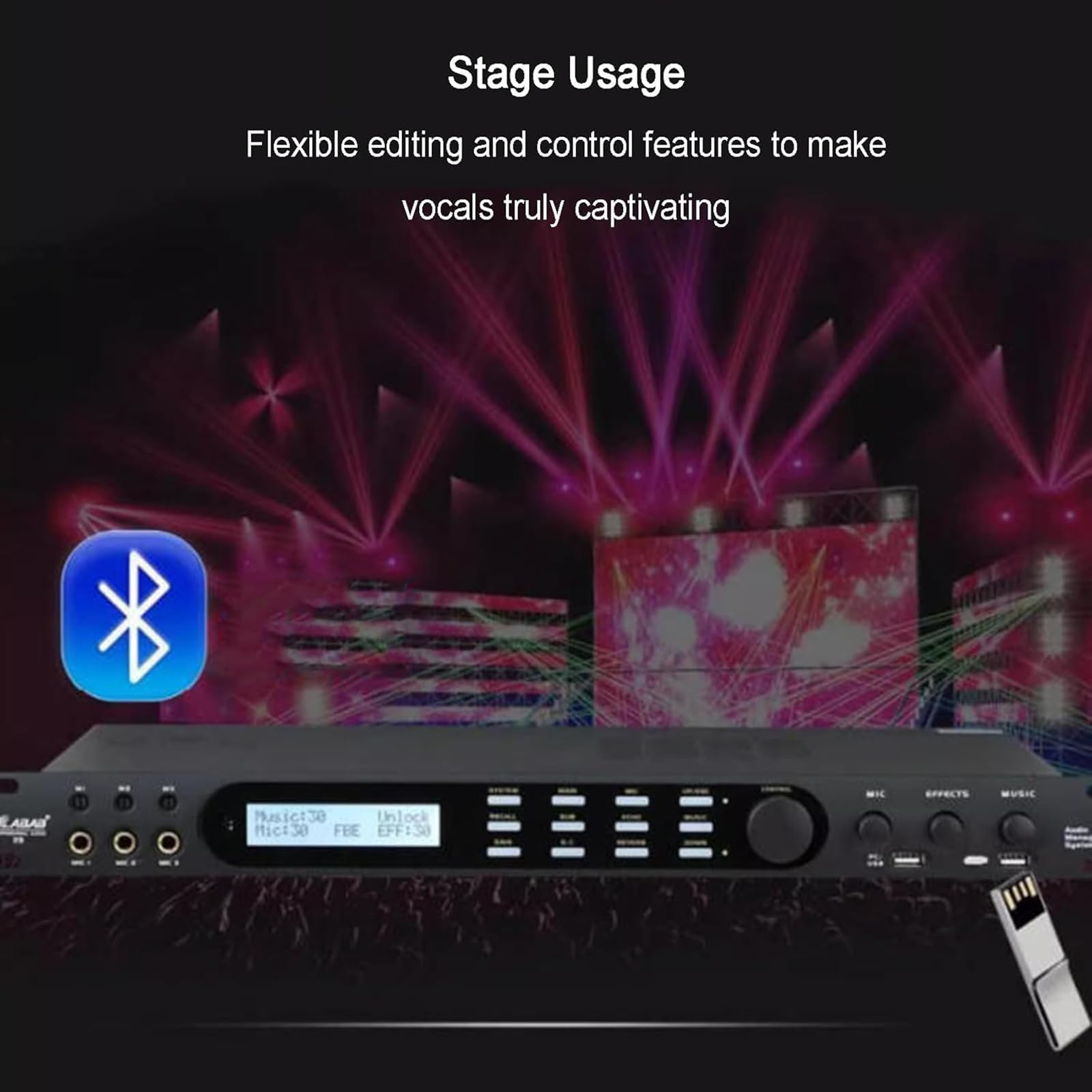Procesador de audio digital, supresor de retroalimentación con control remoto, 4 entradas de micrófono, 16 efectos preestablecidos, conexión USB para KTV y uso en escenario