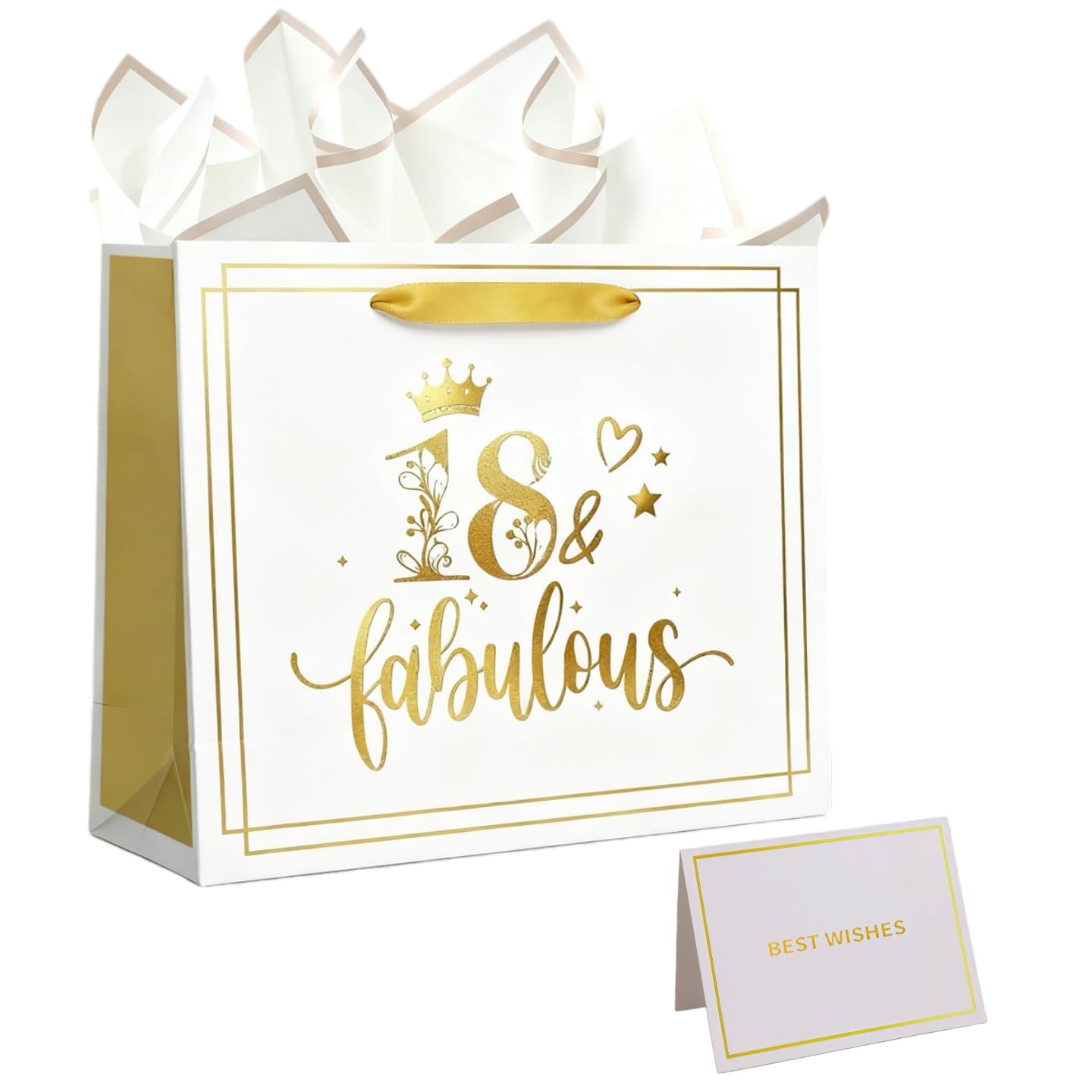 18th Birthday Gift Bag for Girls, Large Golden Paper Gift Bag with Wrapping Tissue Paper & Card, 18th Birthday Gifts for Daughter Girlfriend Bestie