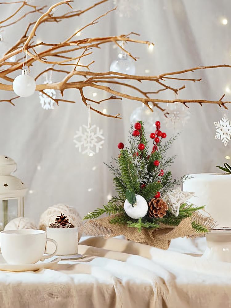 Mini-Tisch-Weihnachtsbäume, Künstliche Weihnachtsbäume mit Beeren, Tannenzapfen, Lutschern, Feiertagsdekorationen, Miniatur-Weihnachtsbaum