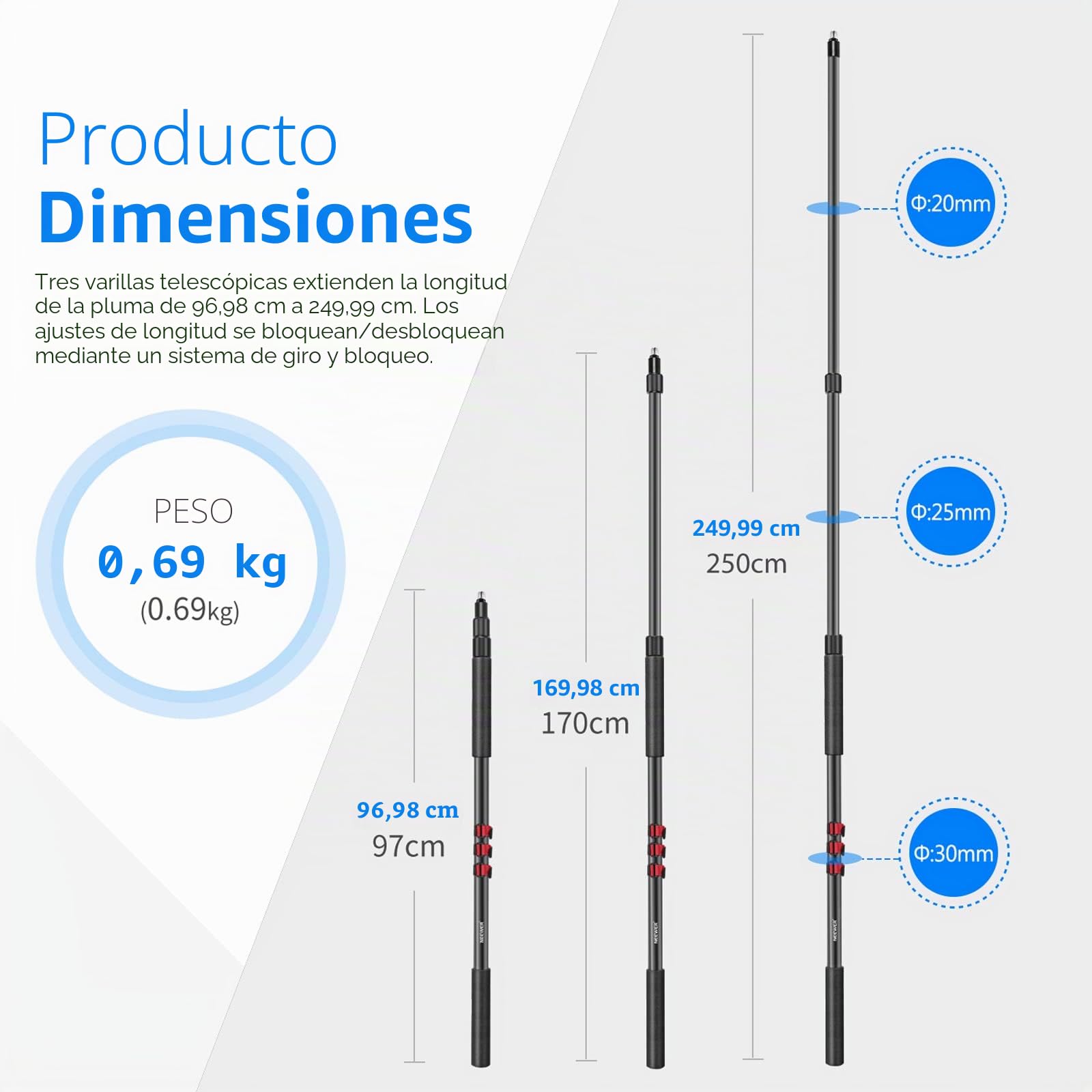 Neewer NW-7000 Brazo de Micrófono de Mano, Extensible de 3 Secciones con Adaptador de Tornillo de 3/8" & 3/8" a 5/8", Longitud Ajustable de 3 Pies a 8 Pies, Auxiliar