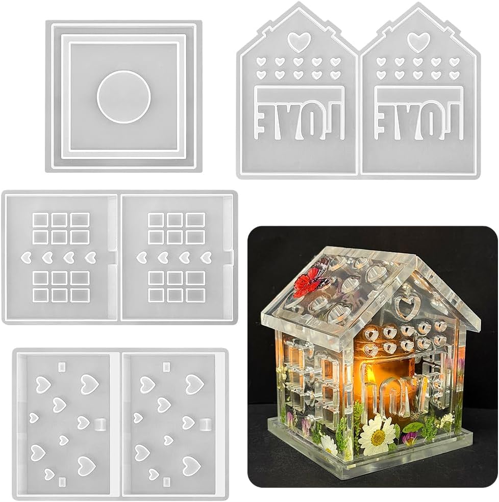 RESINWORLD 3D Combined Heart House Tealight Holder Silicone Mold, House Candle Holder Mold for Epoxy Resin