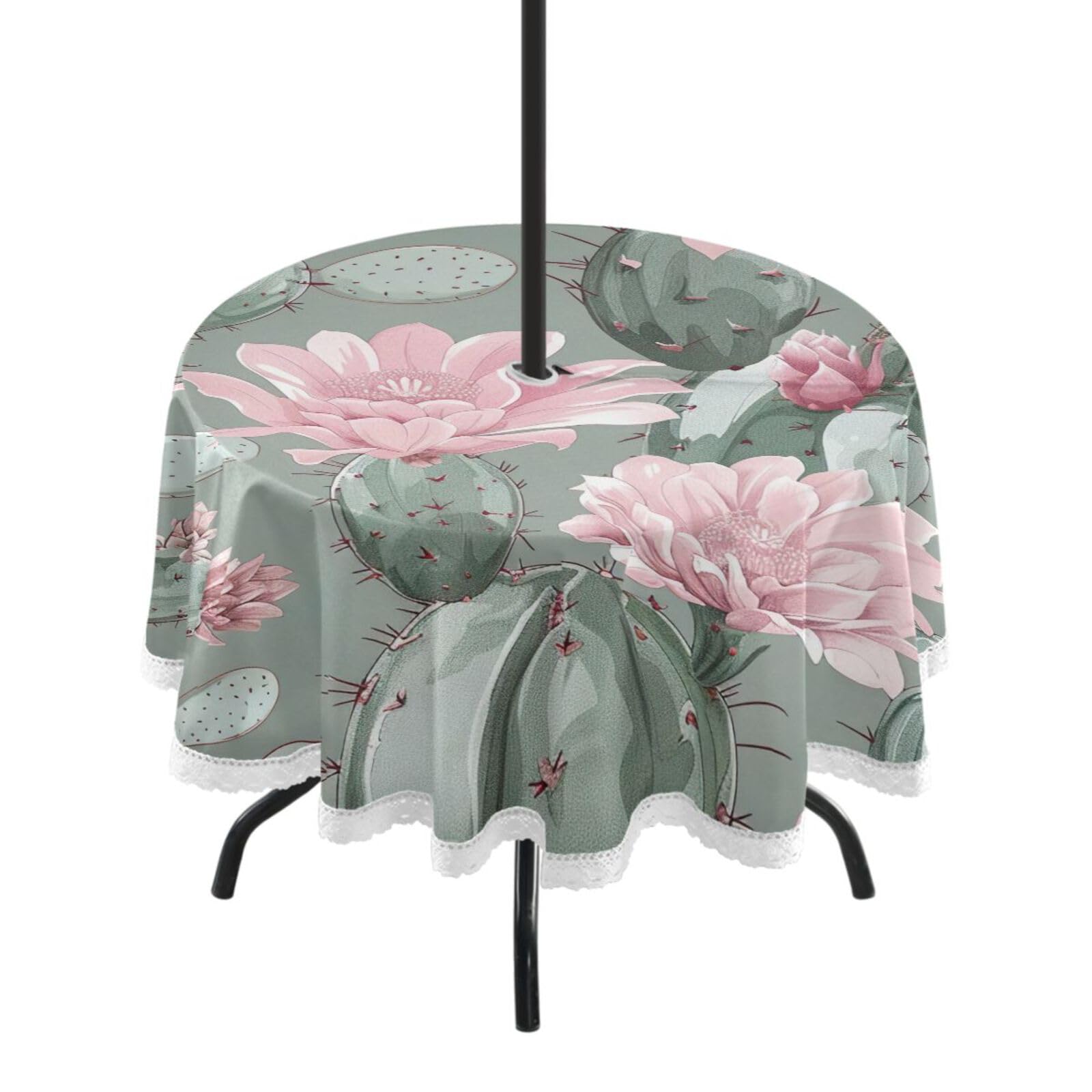 Wajiw 60 Inch Indoor Outdoor Round Tablecloth with Umbrella Hole and Zipper Waterproof Patio Table Cover for Camping Dining Room Party Outdoor Picnic,Cactus