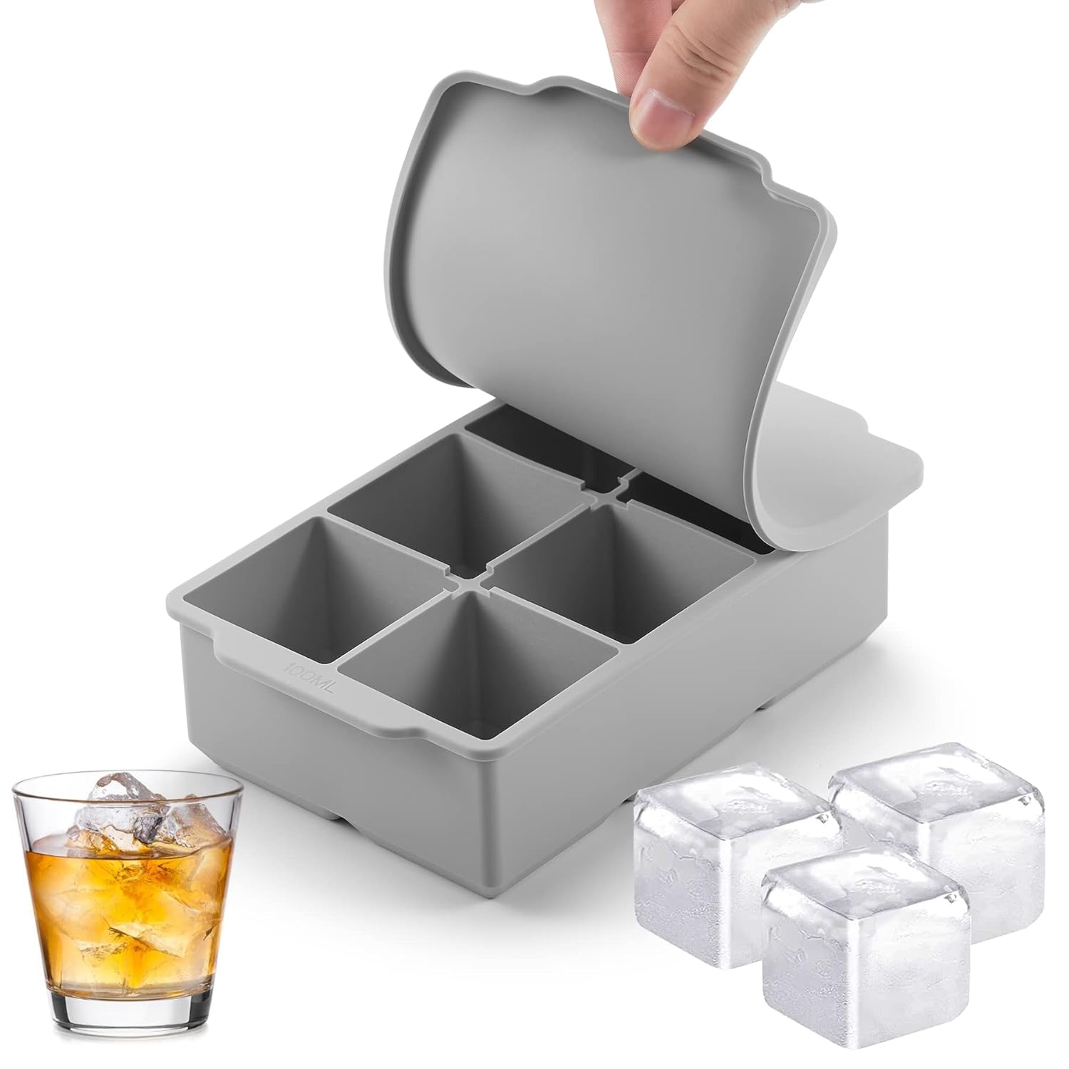 Nax Caki Large Ice Cube Tray with Lid Stackable Big Silicone Square Ice Cube Mold for Whiskey Cocktails